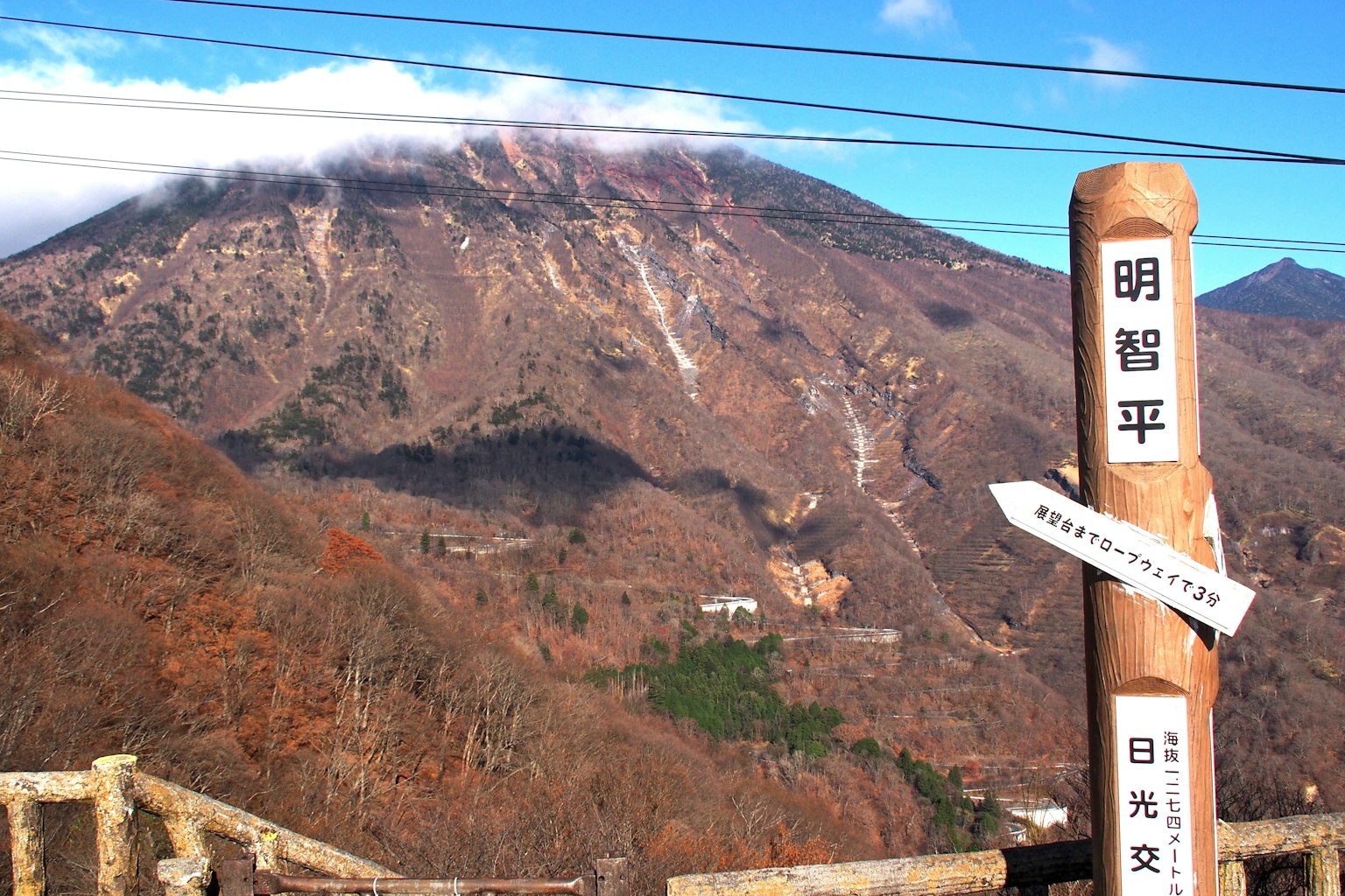 Cartello ad Akichikyou con vista sulla montagna