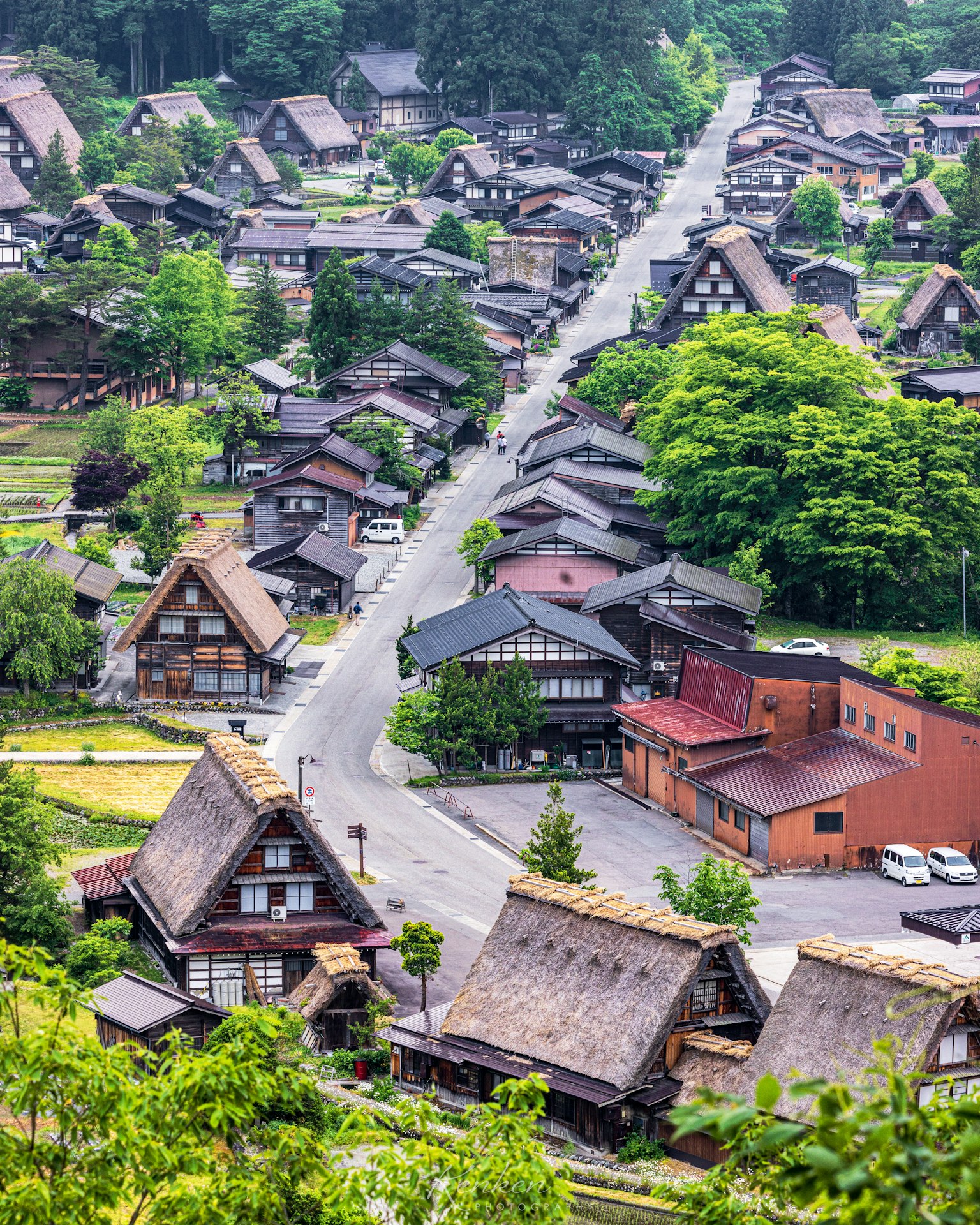 Vue pittoresque d'un village avec des maisons traditionnelles gassho-zukuri