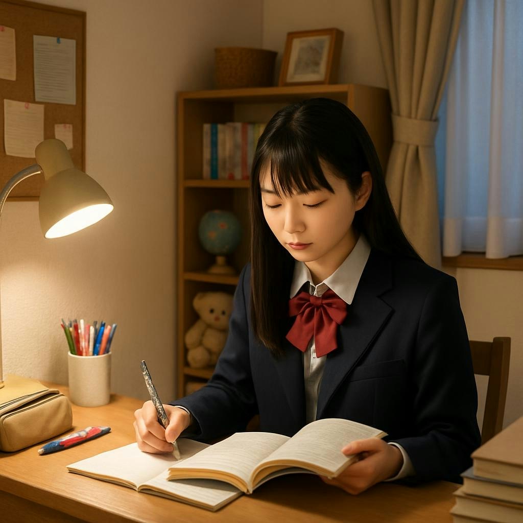 自室で勉強する制服姿の学生