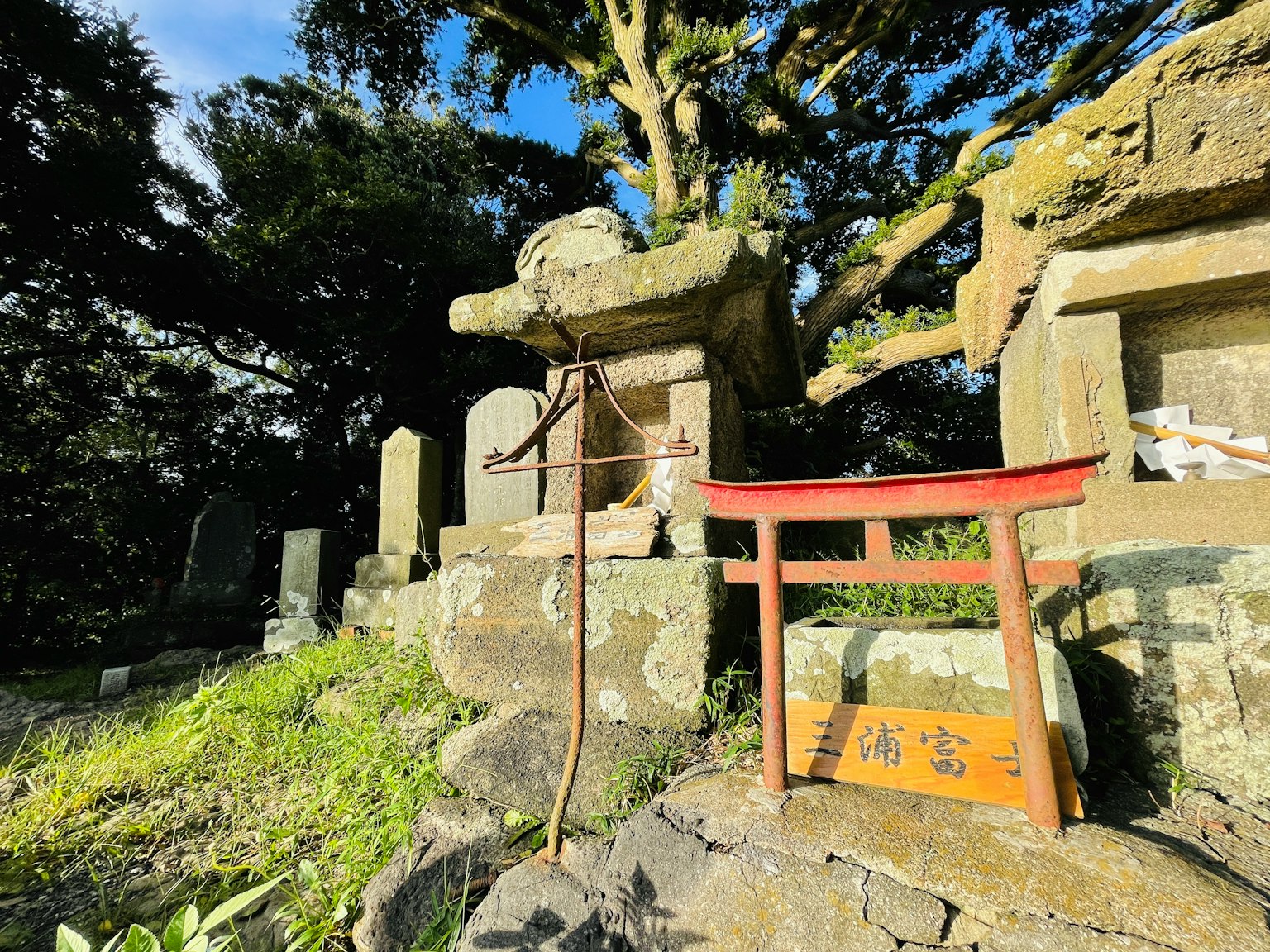 古老石神社和墓碑的风景被郁郁葱葱的绿草环绕，特色是红色鸟居和石碑