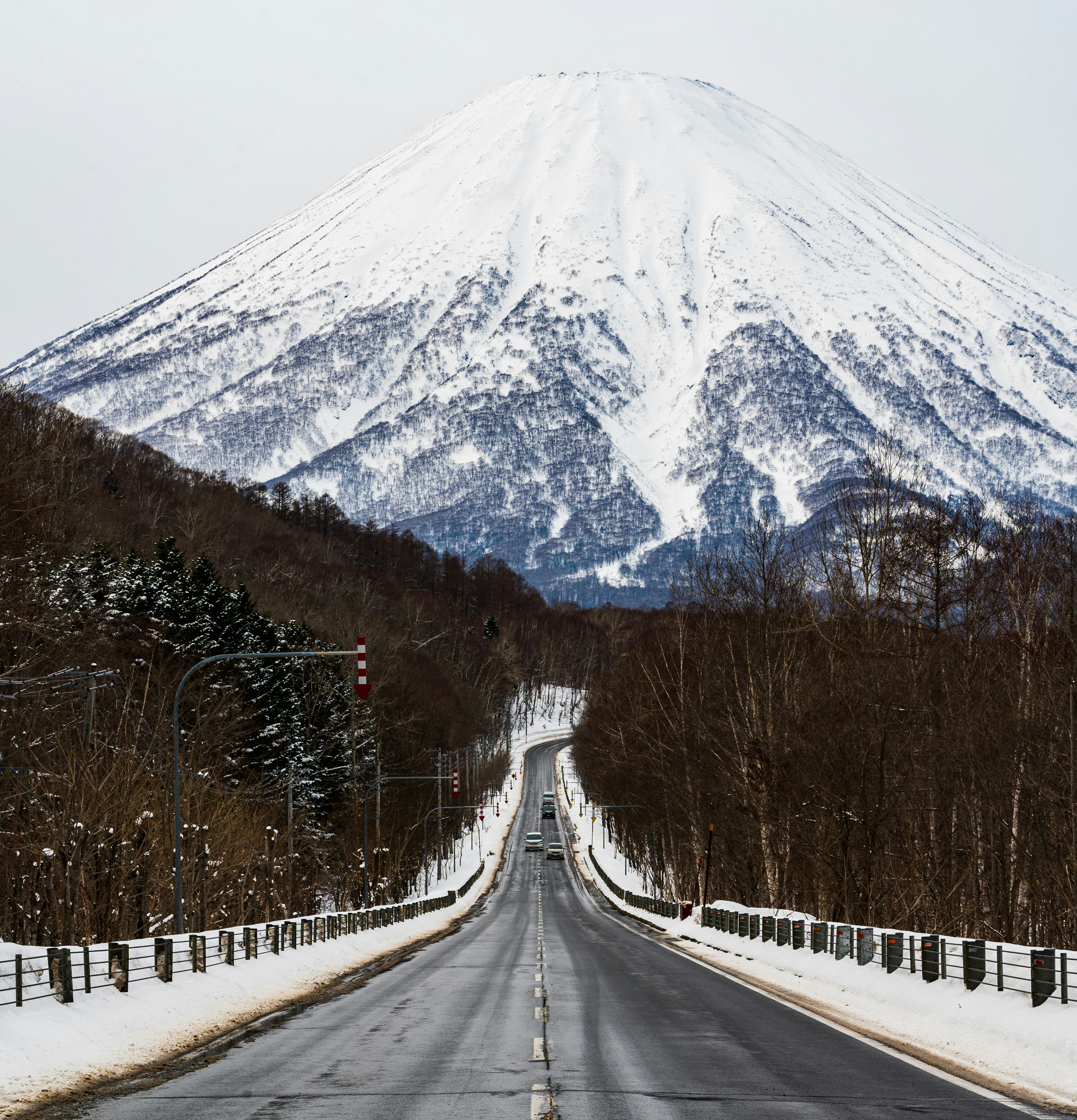 雪地道路盡頭的羊蹄山