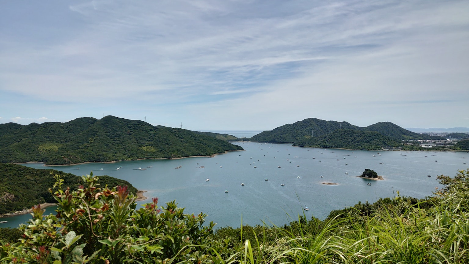 ทิวทัศน์ที่สวยงามของอ่าวที่มีภูเขาเขียวขจีและท้องฟ้าสีฟ้า
