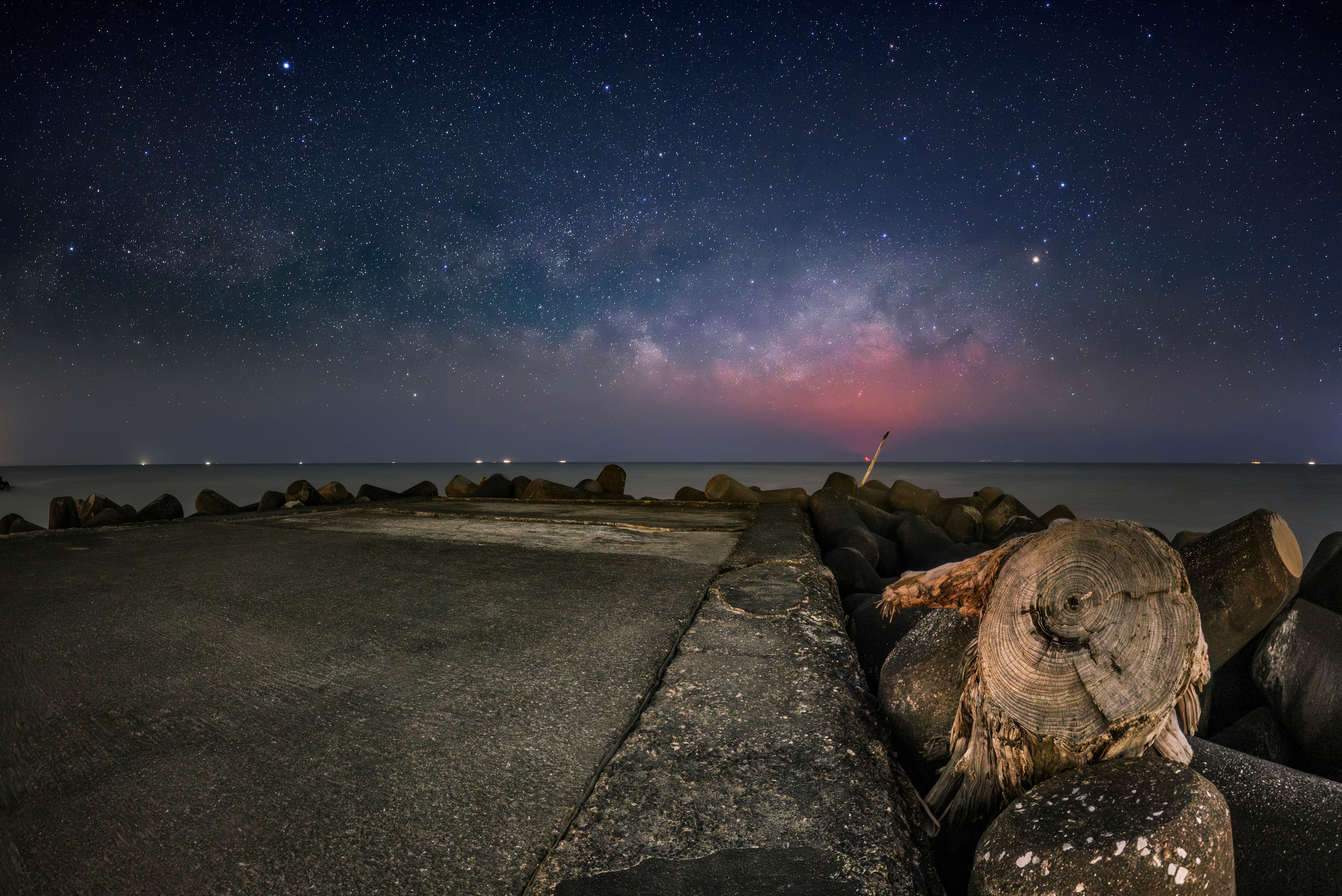 流木と星空のある海岸の星景