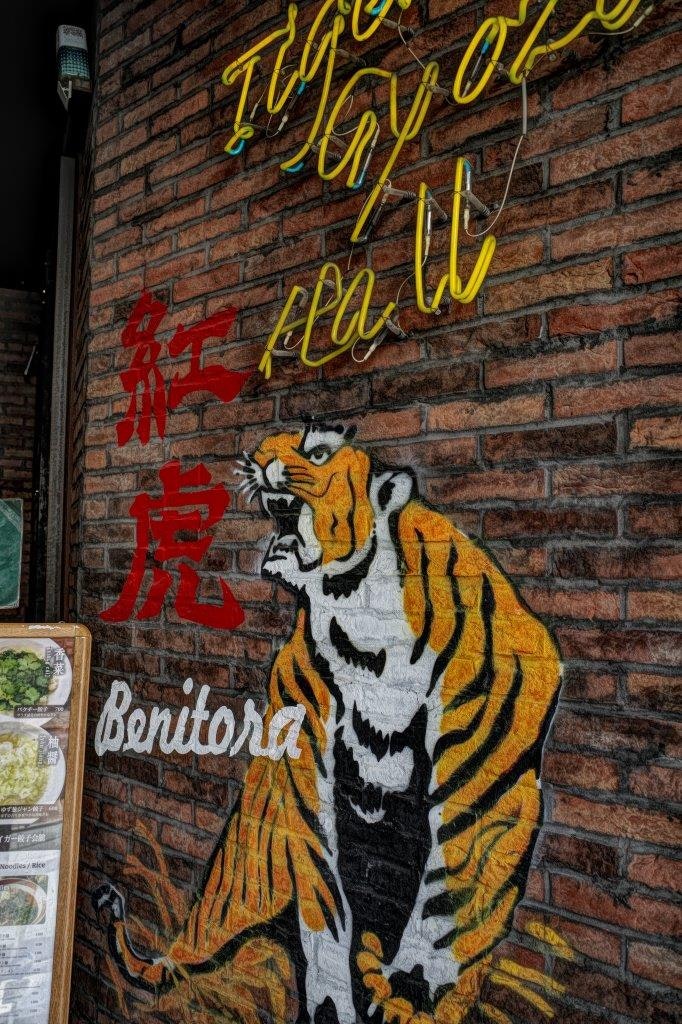 砖墙上的老虎壁画与霓虹风文字的巷道招牌