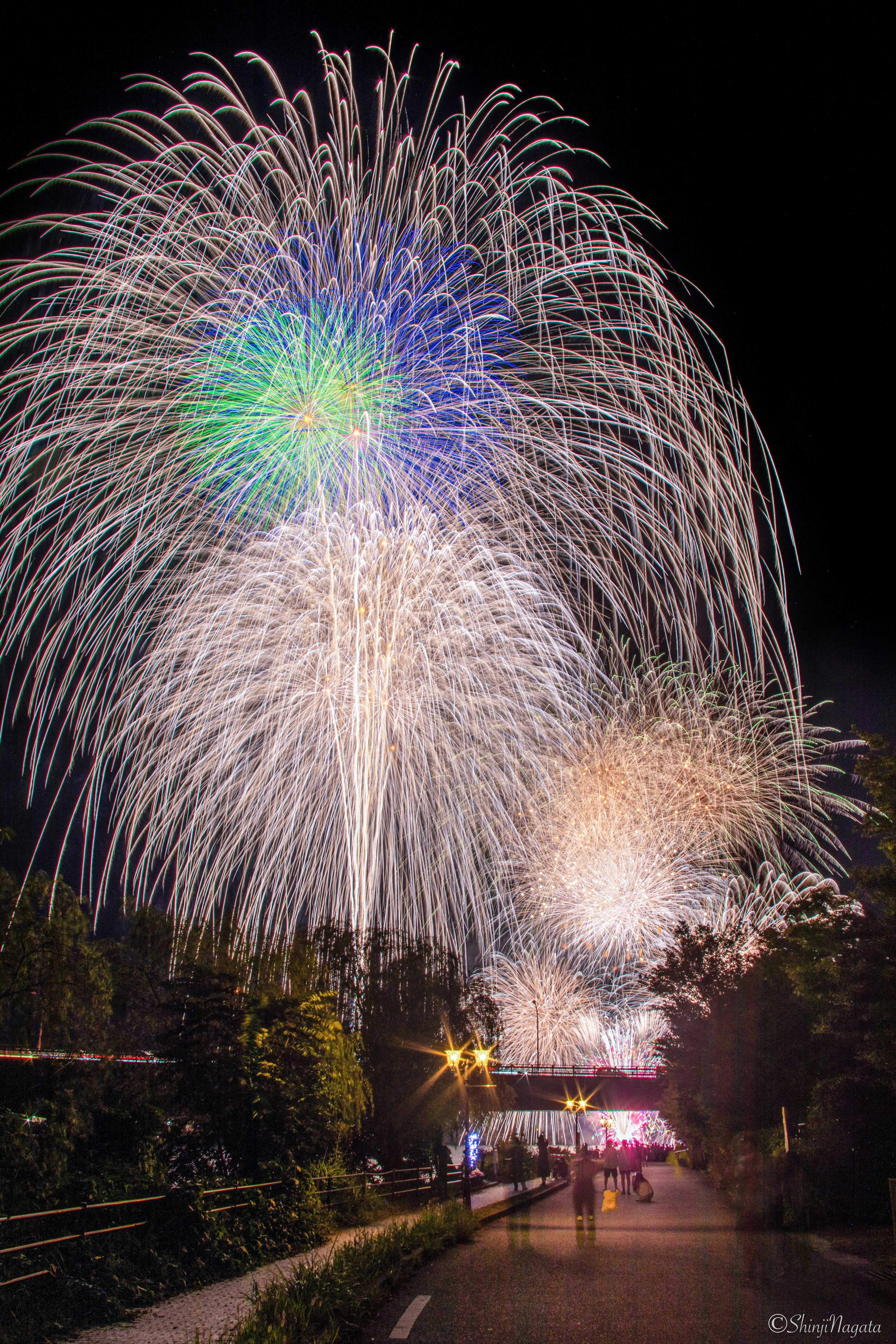 fuochi d’artificio colorati che esplodono sopra il lago Kawaguchi