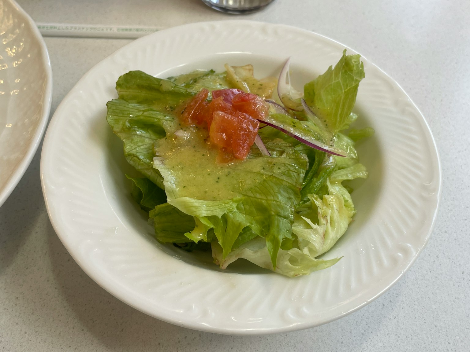 Salade de laitue fraîche avec des tranches de tomate dans une petite assiette