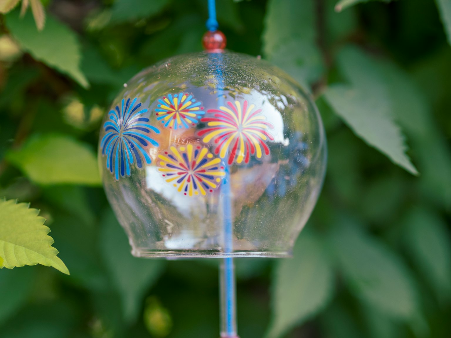 Ornement en verre transparent avec un motif de feux d'artifice colorés suspendu parmi des feuilles vertes