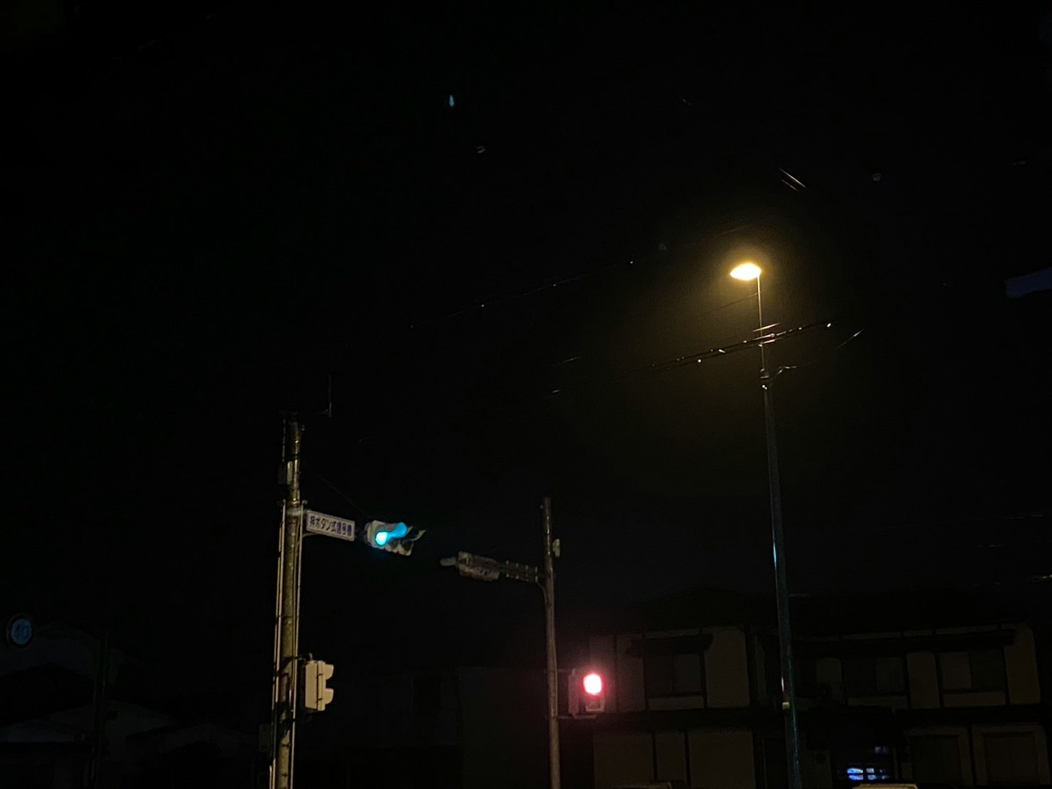 Scena urbana notturna con lampione e semaforo