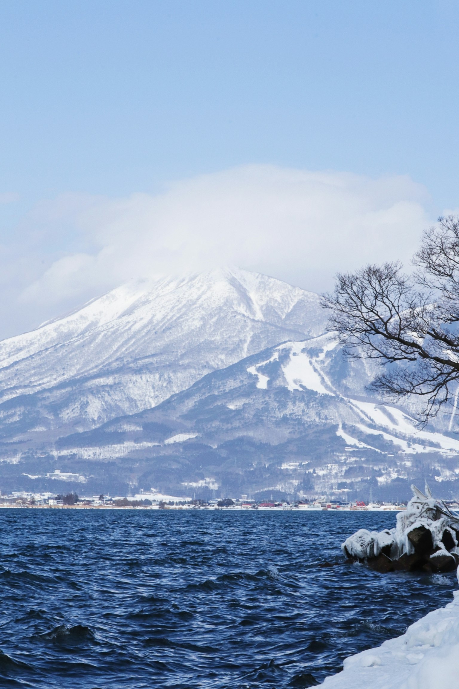 Paysage de montagne enneigée et de lac