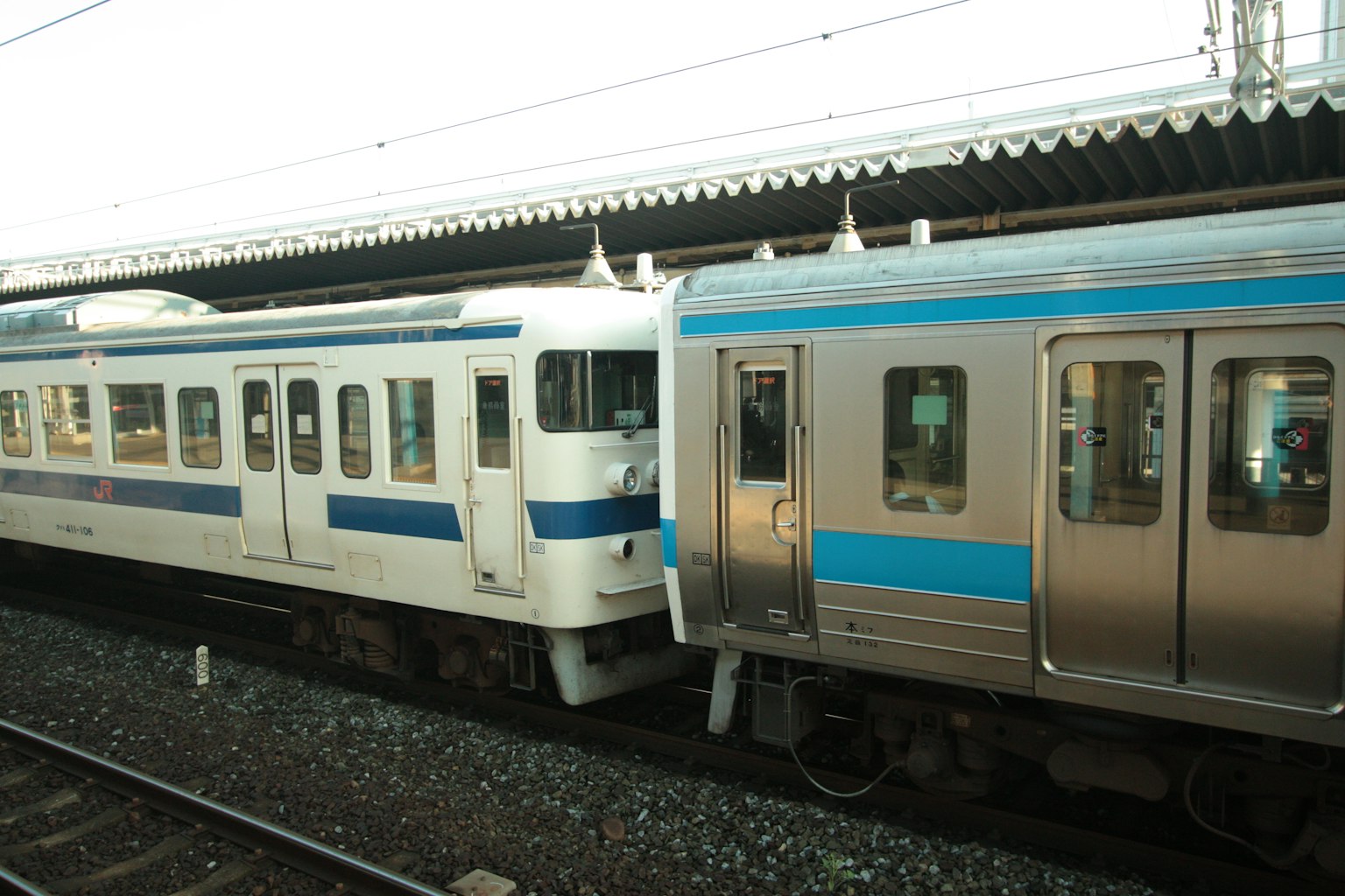 Scène de gare avec des trains à ligne bleue garés côte à côte