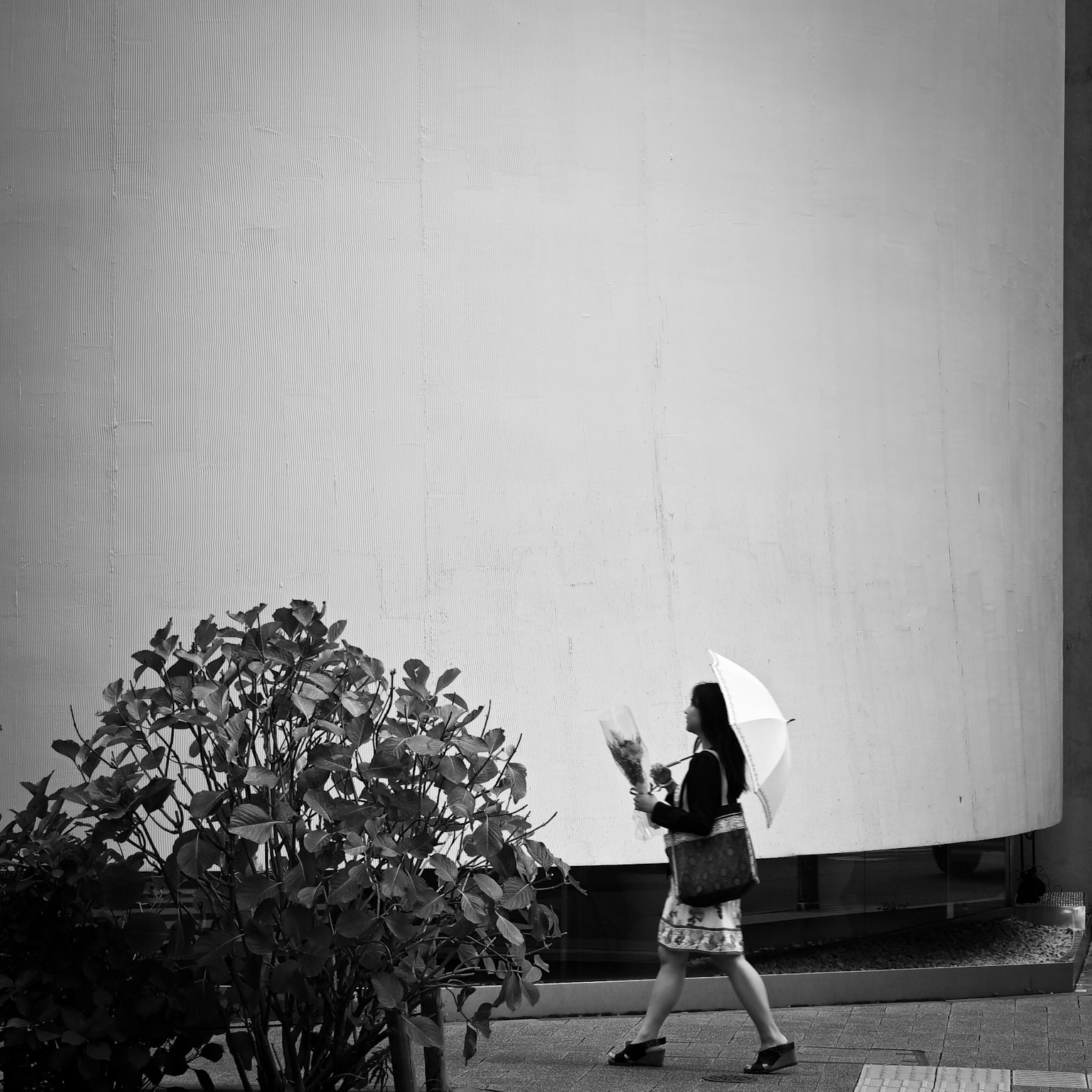 Seorang wanita berjalan dengan payung putih di pemandangan kota monokrom