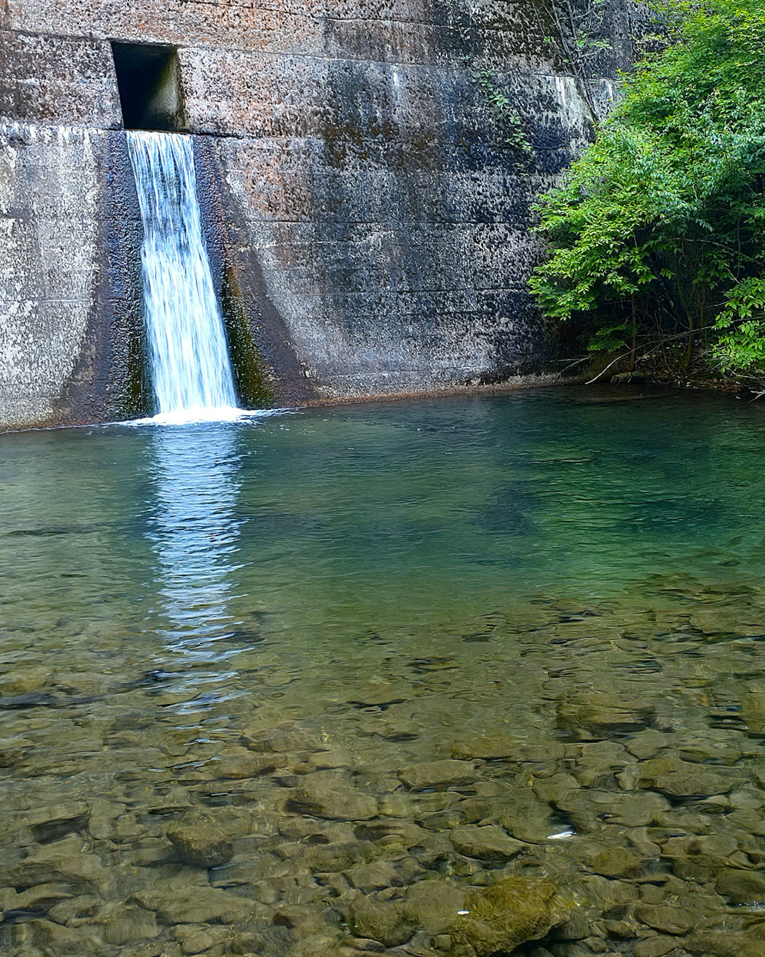Stone dam with water cascading and clear pool underneath