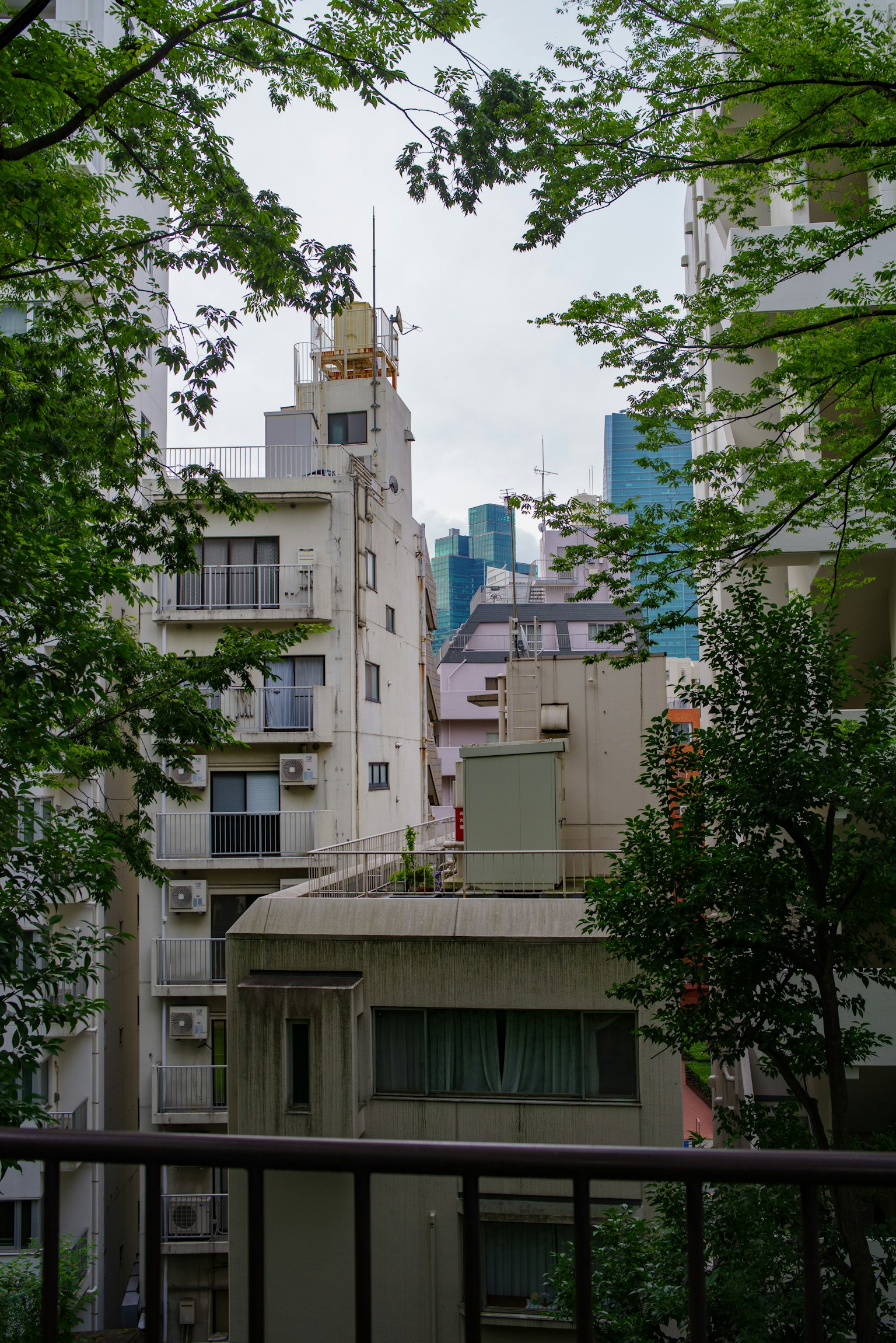 Urban landscape featuring high-rise buildings and residential structures surrounded by green trees