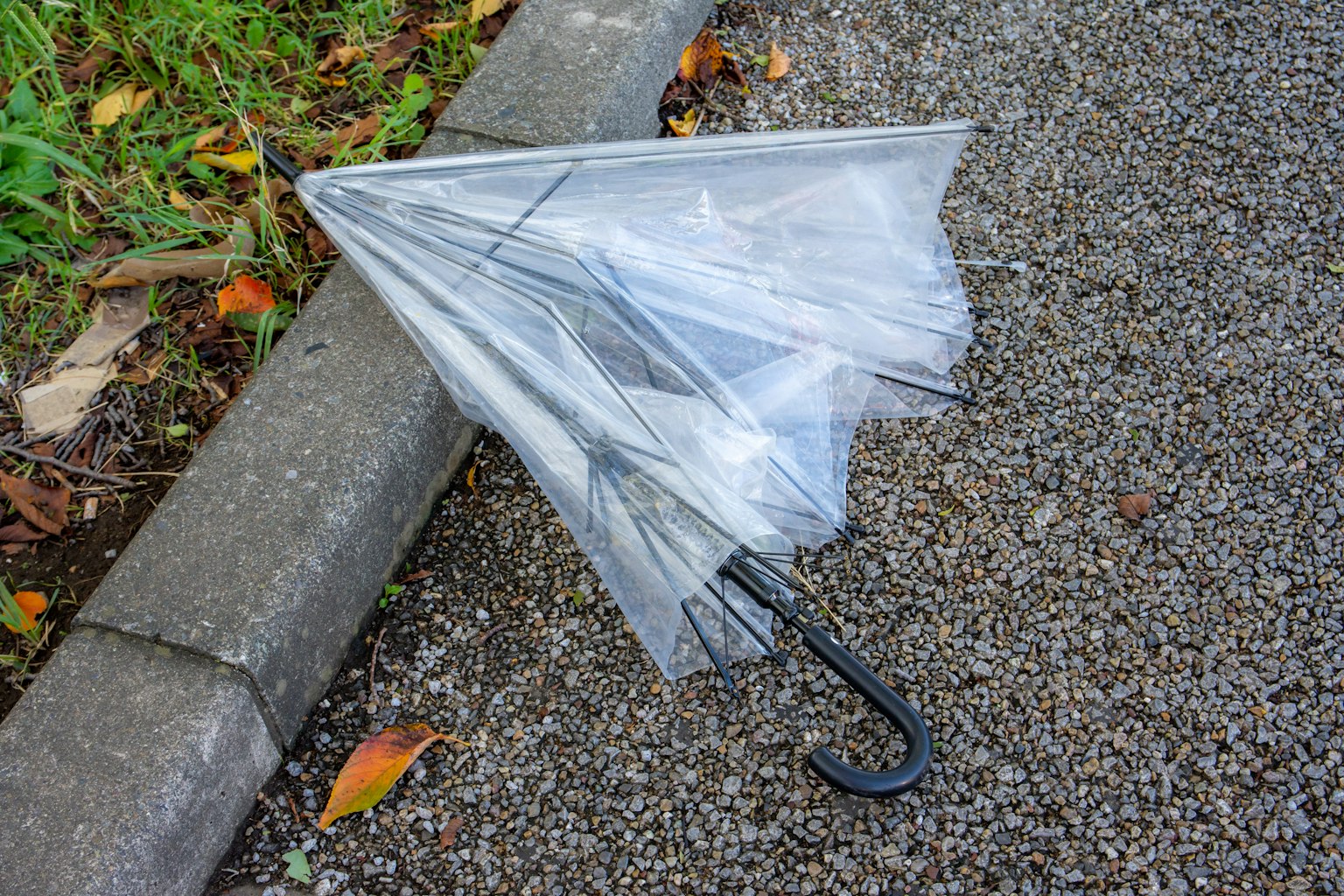 一把破损的透明雨伞躺在人行道上