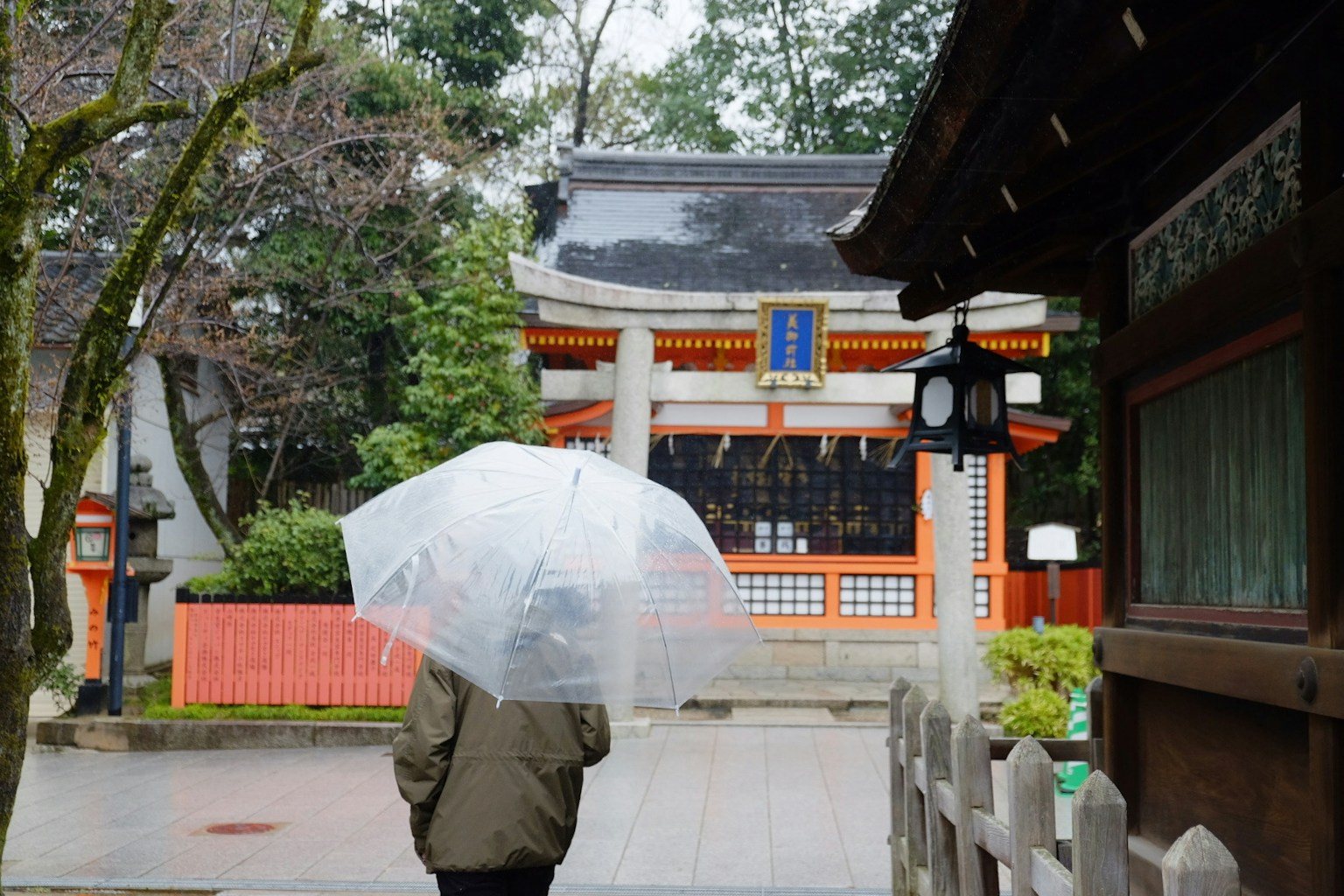 透明な傘を持った人が神社の前を歩いている