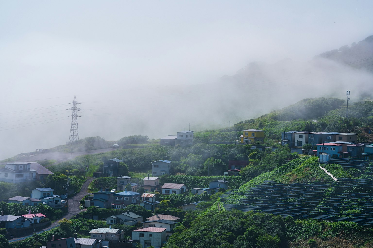 被霧氣籠罩的綠色山坡，房屋和電線