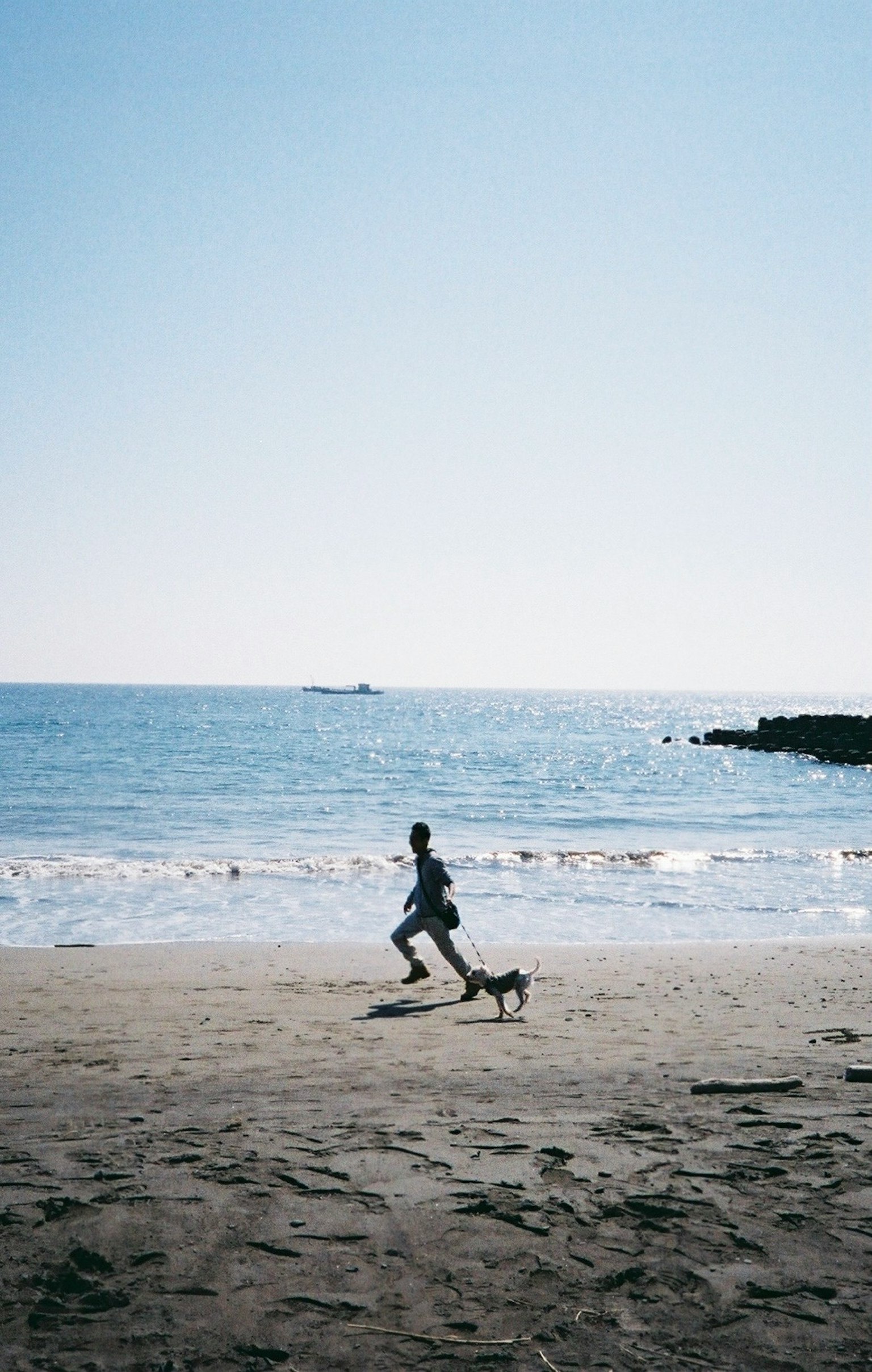 Silhouette di una persona che corre con un cane sulla spiaggia mare tranquillo e cielo blu
