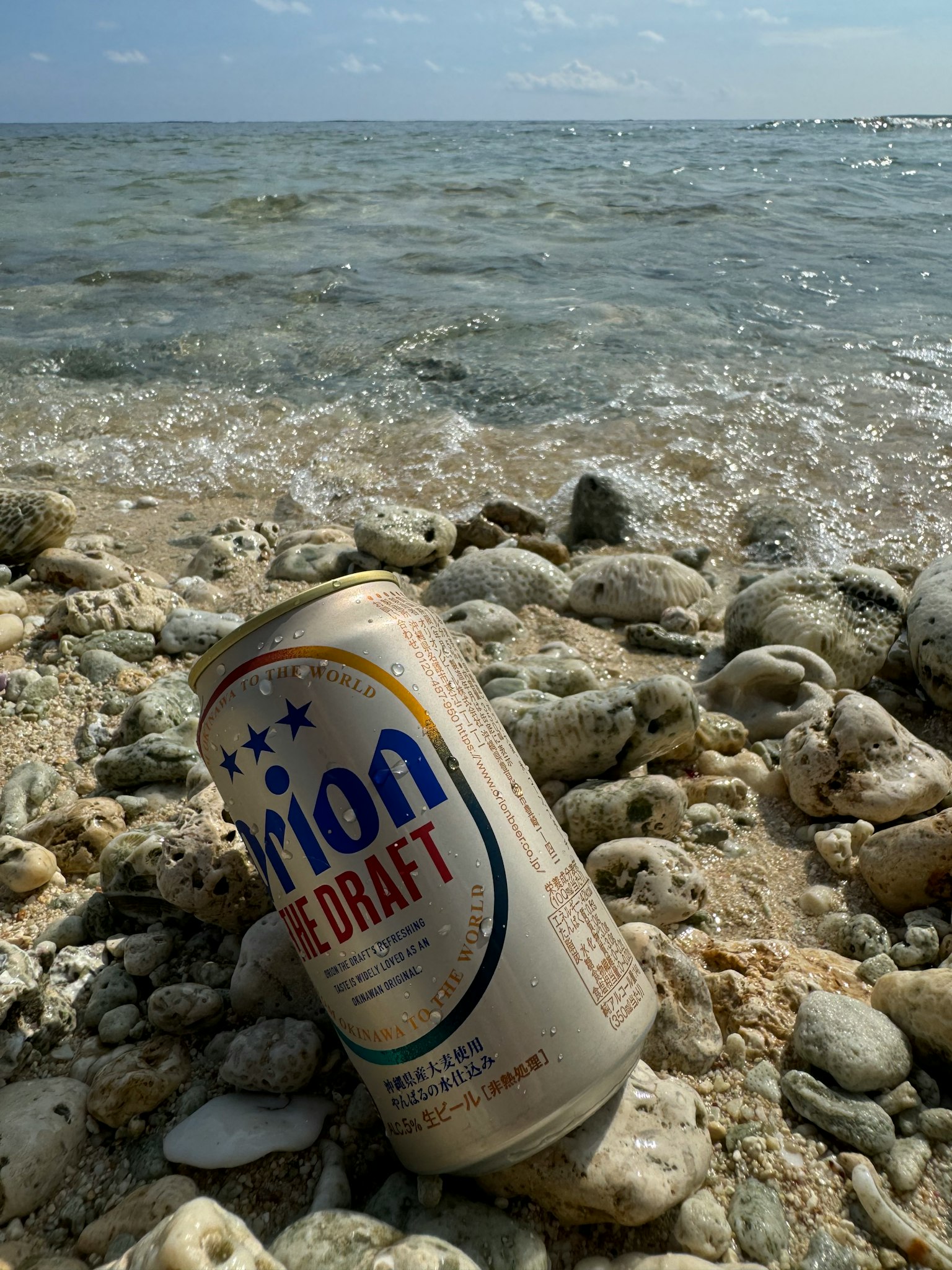 Orion beer can resting on pebbles by the sea with waves