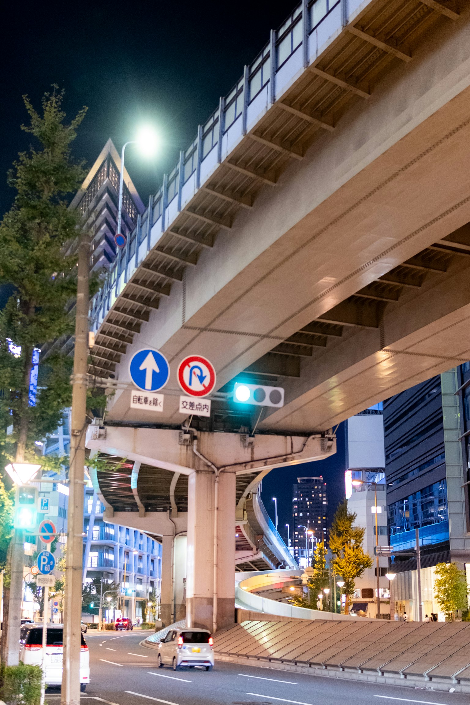 Strada sopraelevata e segnali stradali in una città di notte