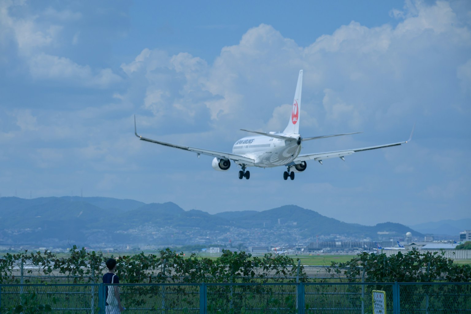 青空の下に着陸する日本航空の飛行機とそれを見守る人物