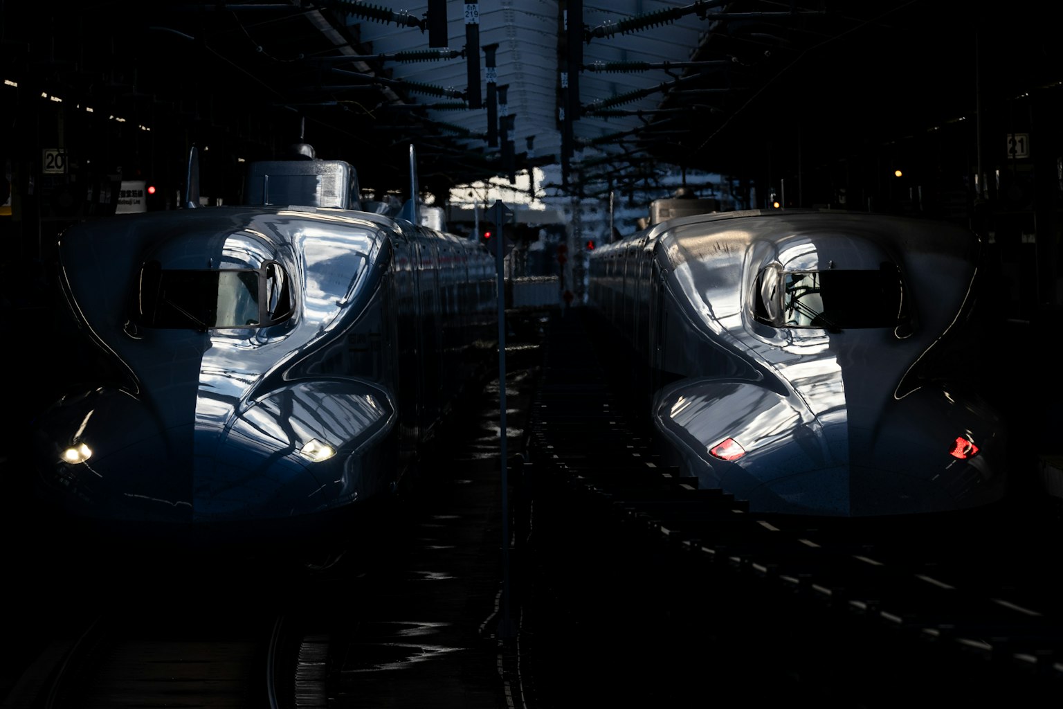 兩列新幹線列車停在一個黑暗的車站