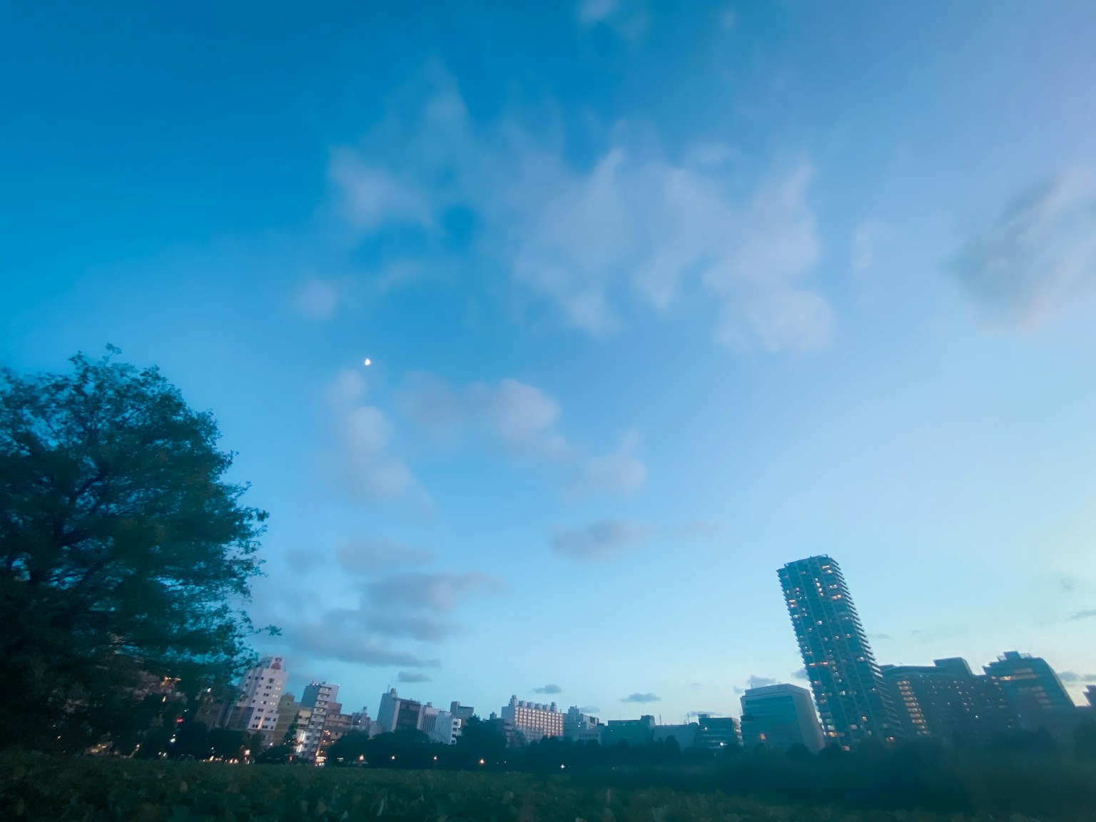 Orizzonte urbano al crepuscolo con cielo blu e luna visibile