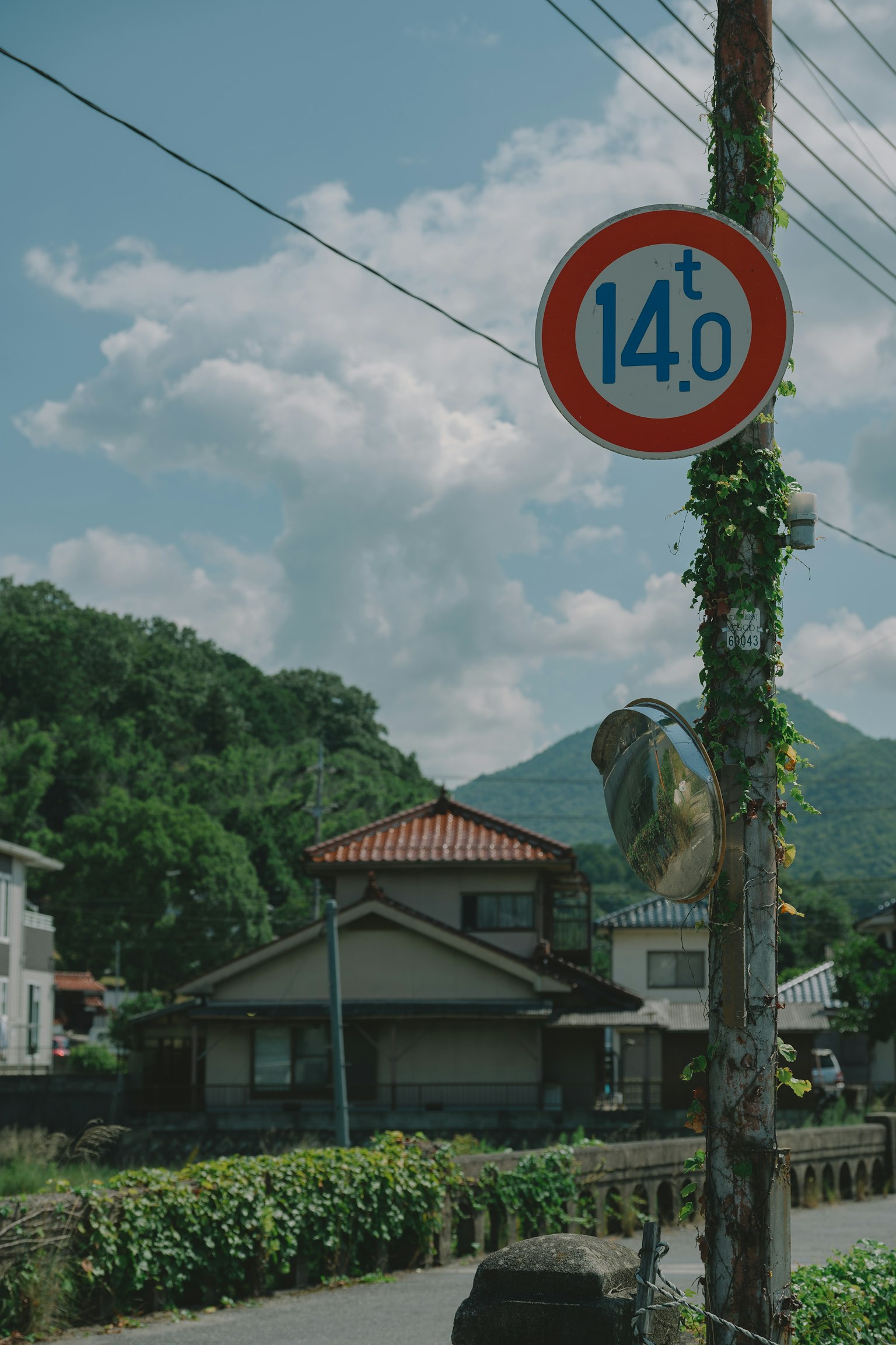 Weight limit sign for 14 tons with a lush green background of Japanese houses