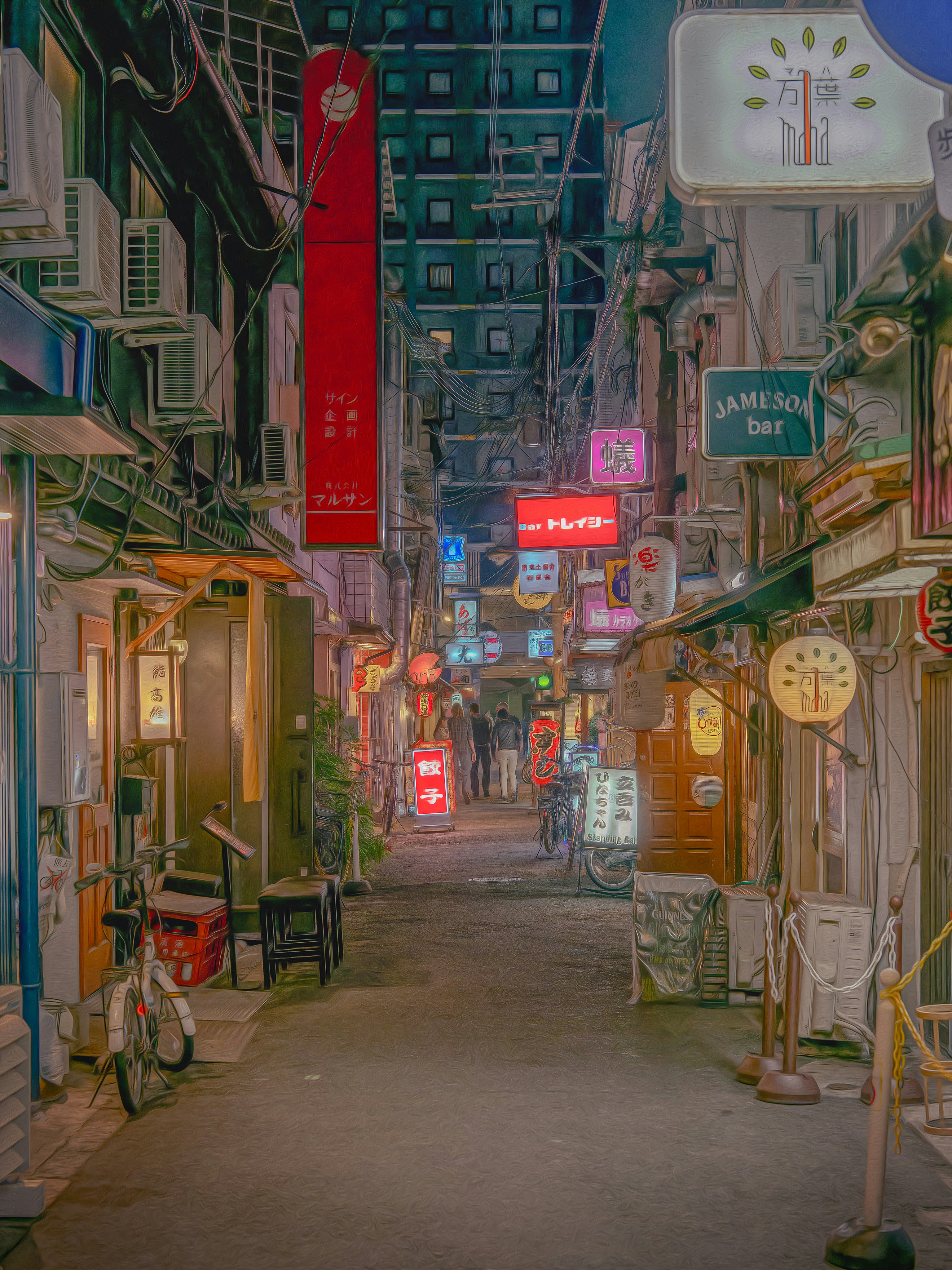 night alley with stacked neon signs