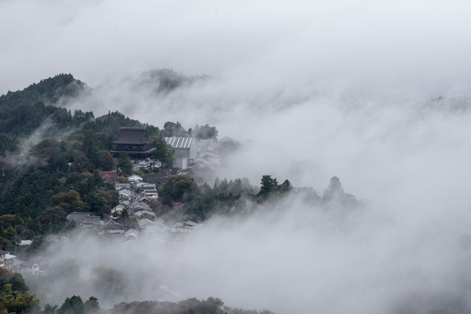 Un paesaggio di villaggio sereno avvolto nella nebbia con montagne sullo sfondo