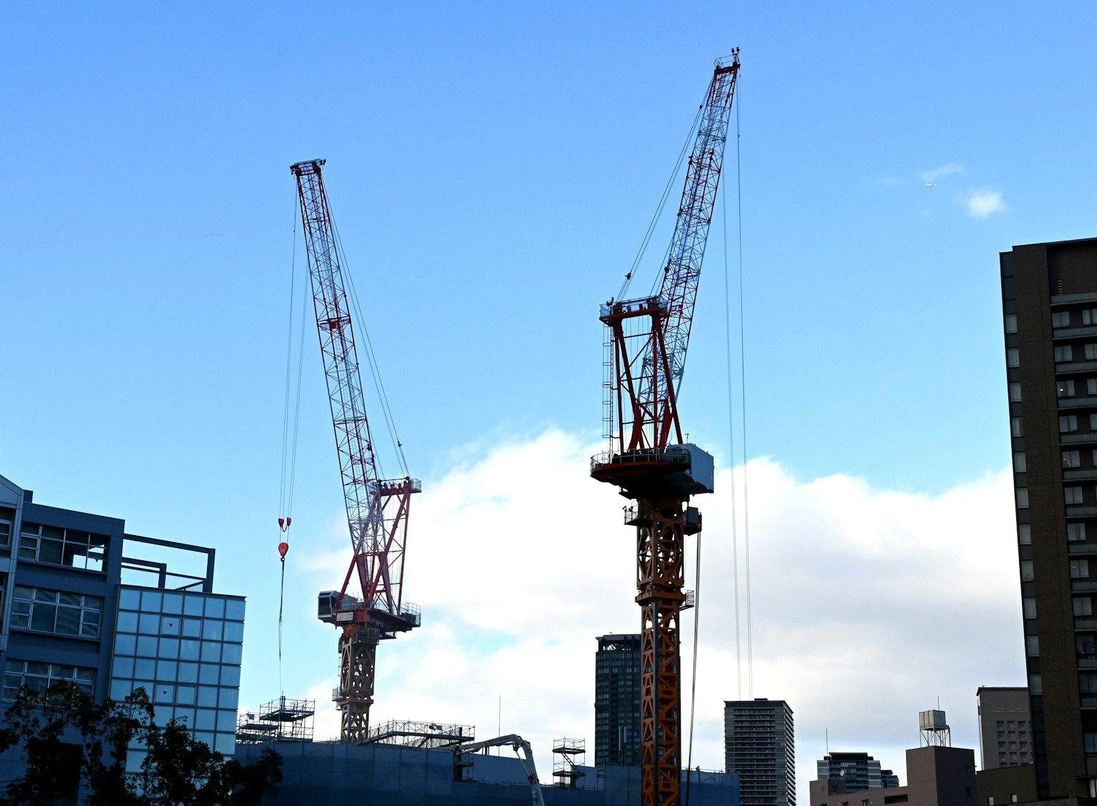Dos grúas que se elevan sobre un sitio de construcción bajo un cielo azul