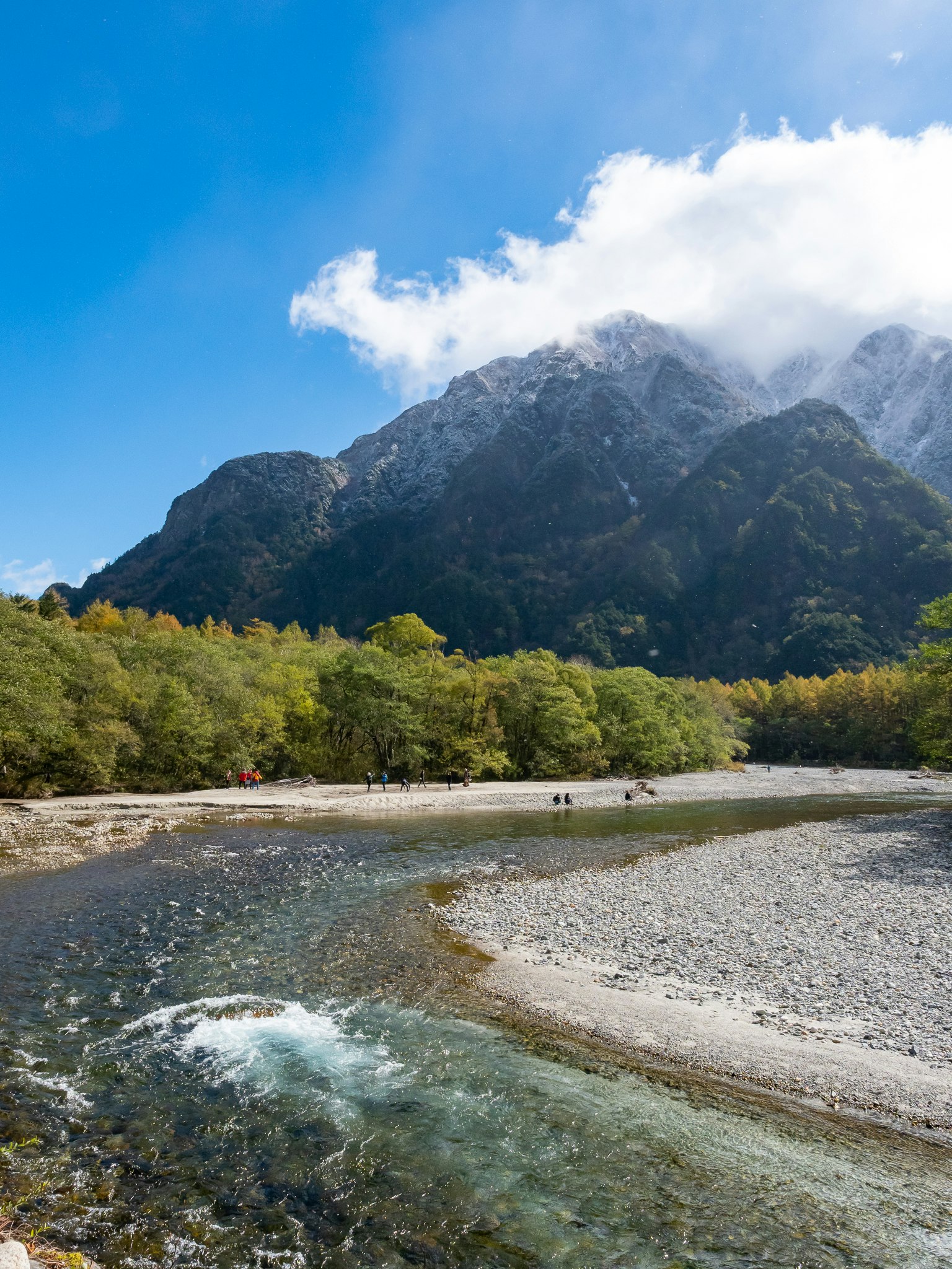 Scenic view of mountains and river with blue sky and clouds green trees and calm water flow
