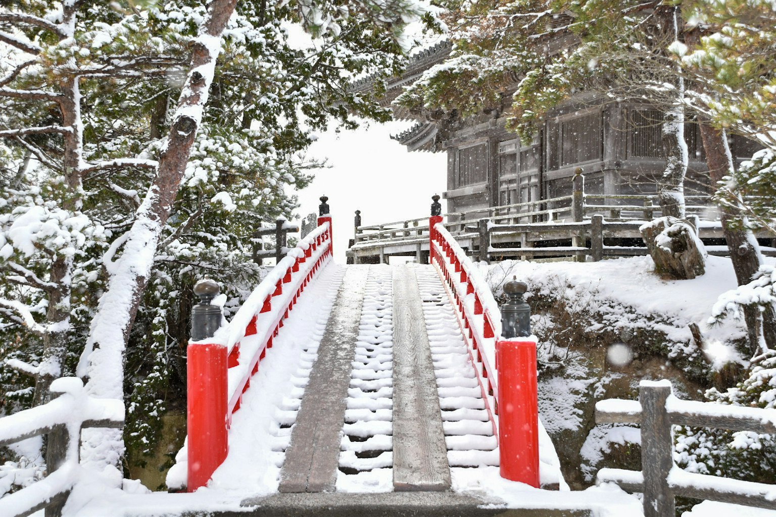 Hermosa escena de un puente rojo cubierto de nieve rodeado de árboles