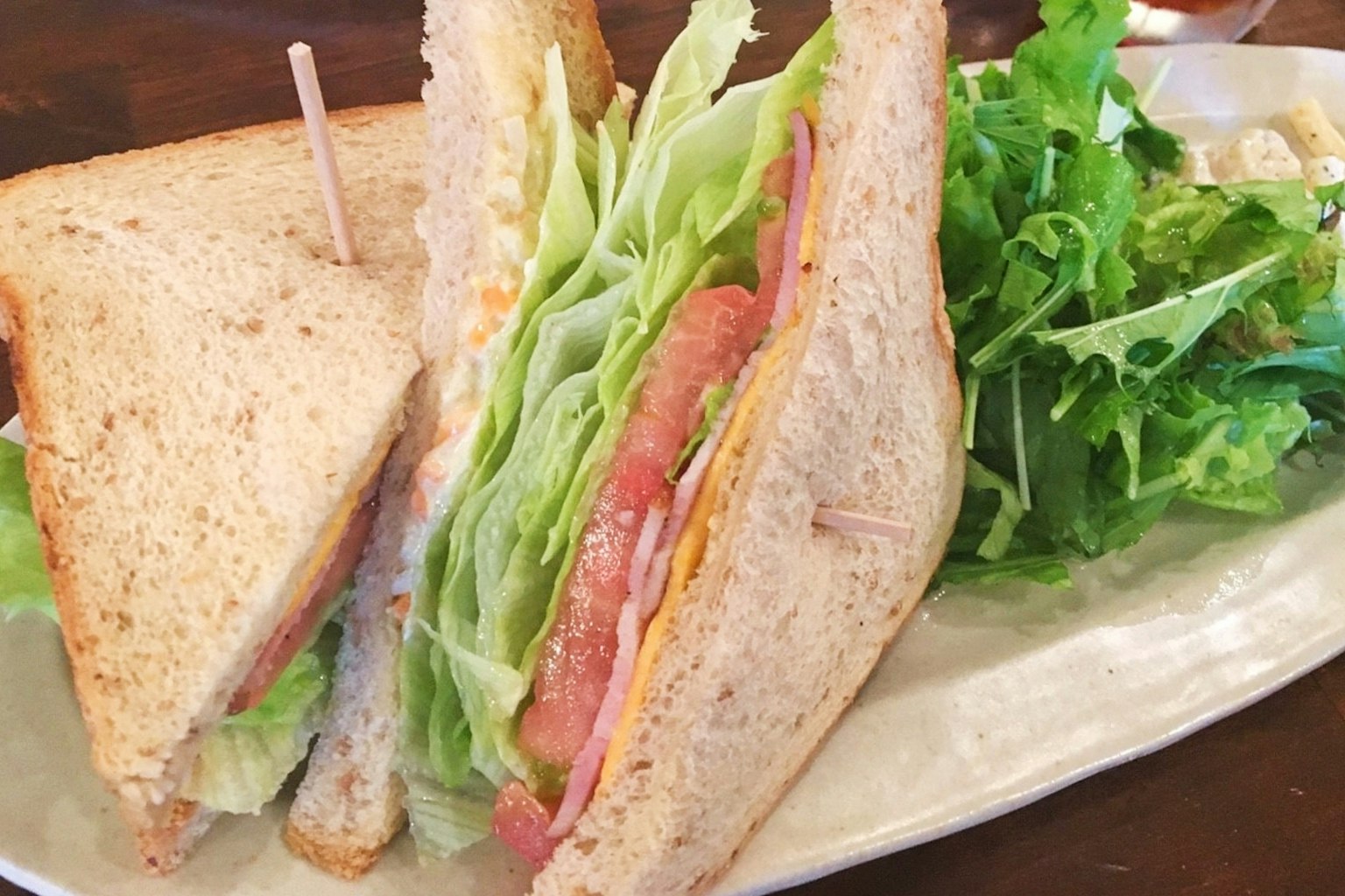 Une assiette avec un sandwich au pain complet garni de laitue jambon et fromage accompagné d'une salade verte