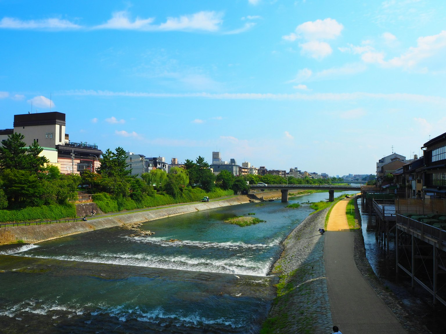 穏やかな川と青い空が広がる風景 近くに建物と緑が見える