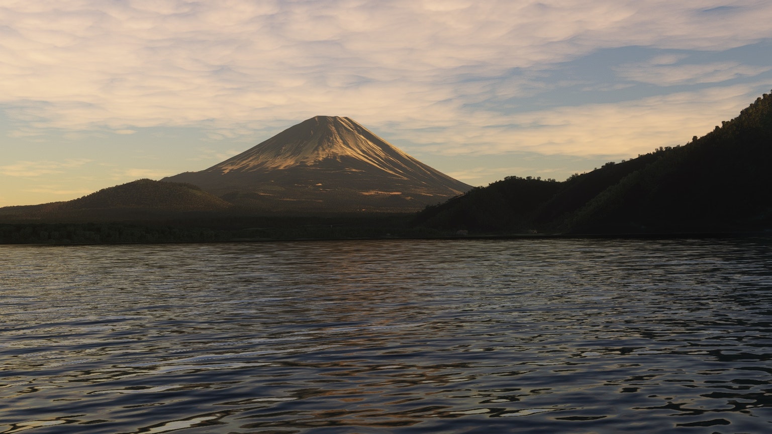 富士山靠近寧靜湖泊的景觀，水面反射和柔和的天空