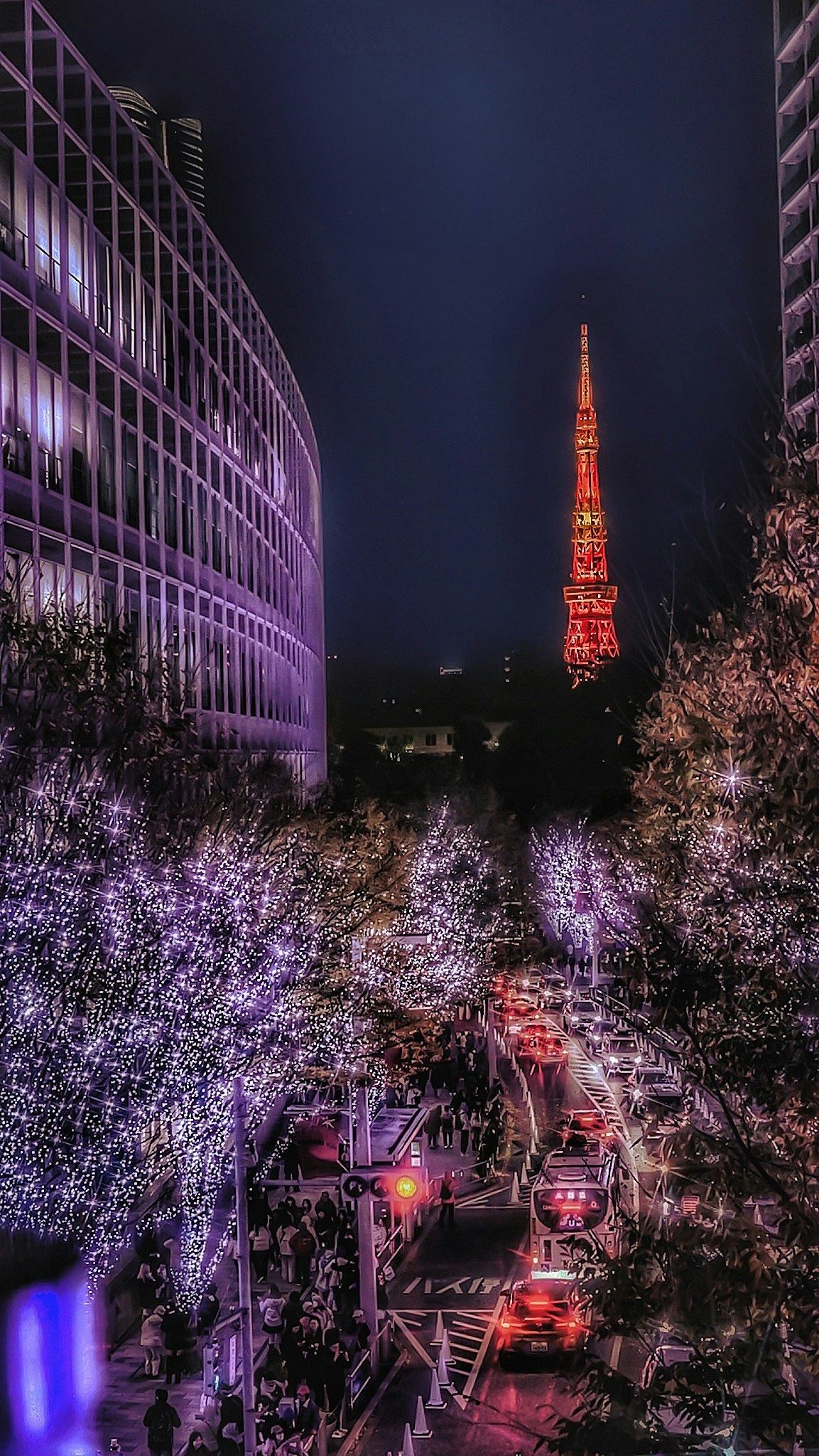 六本木のけやき坂イルミネーションと東京タワーの夜景