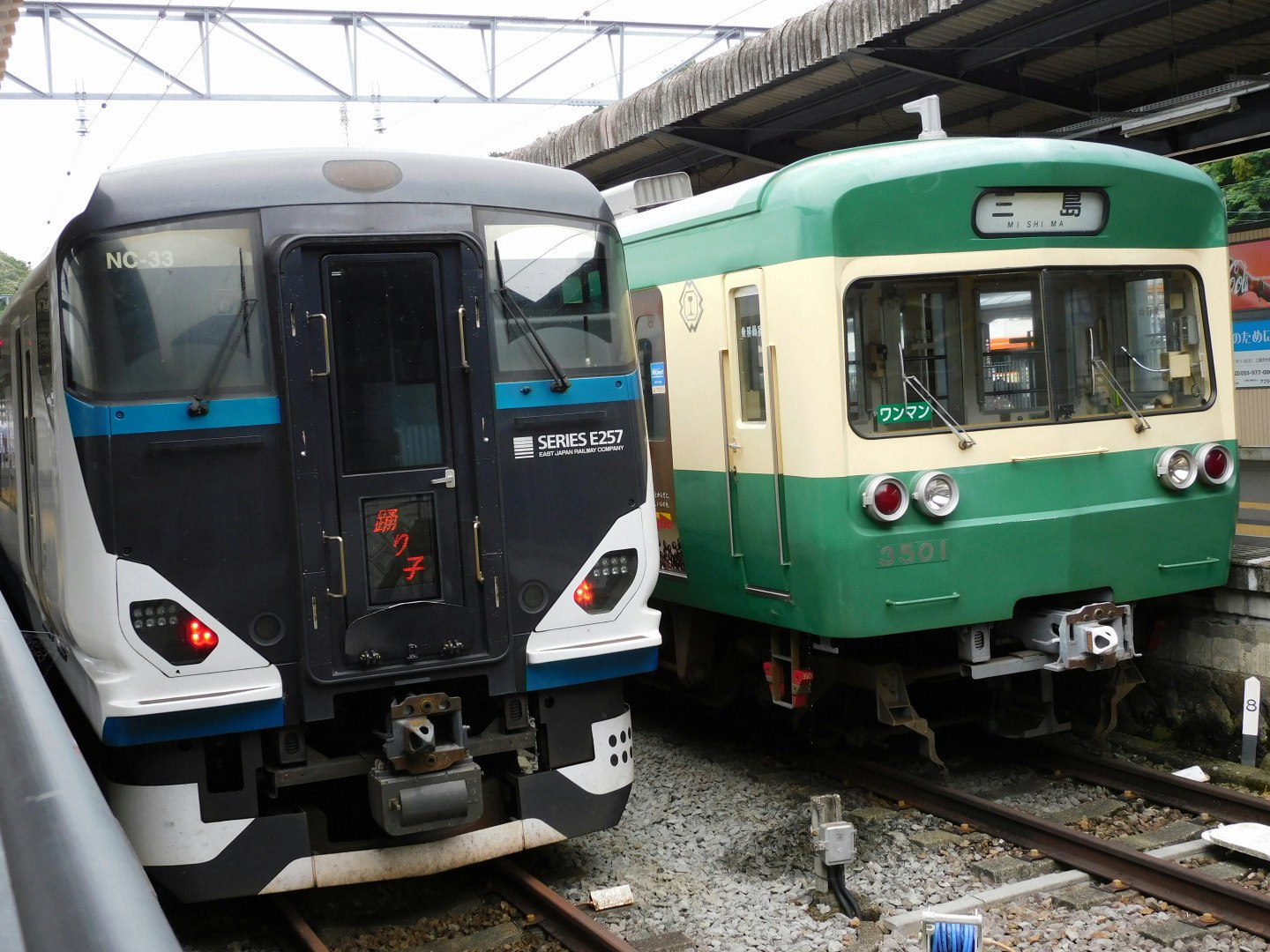 並んだ電車の前面と連結部が見える車両基地の線路
