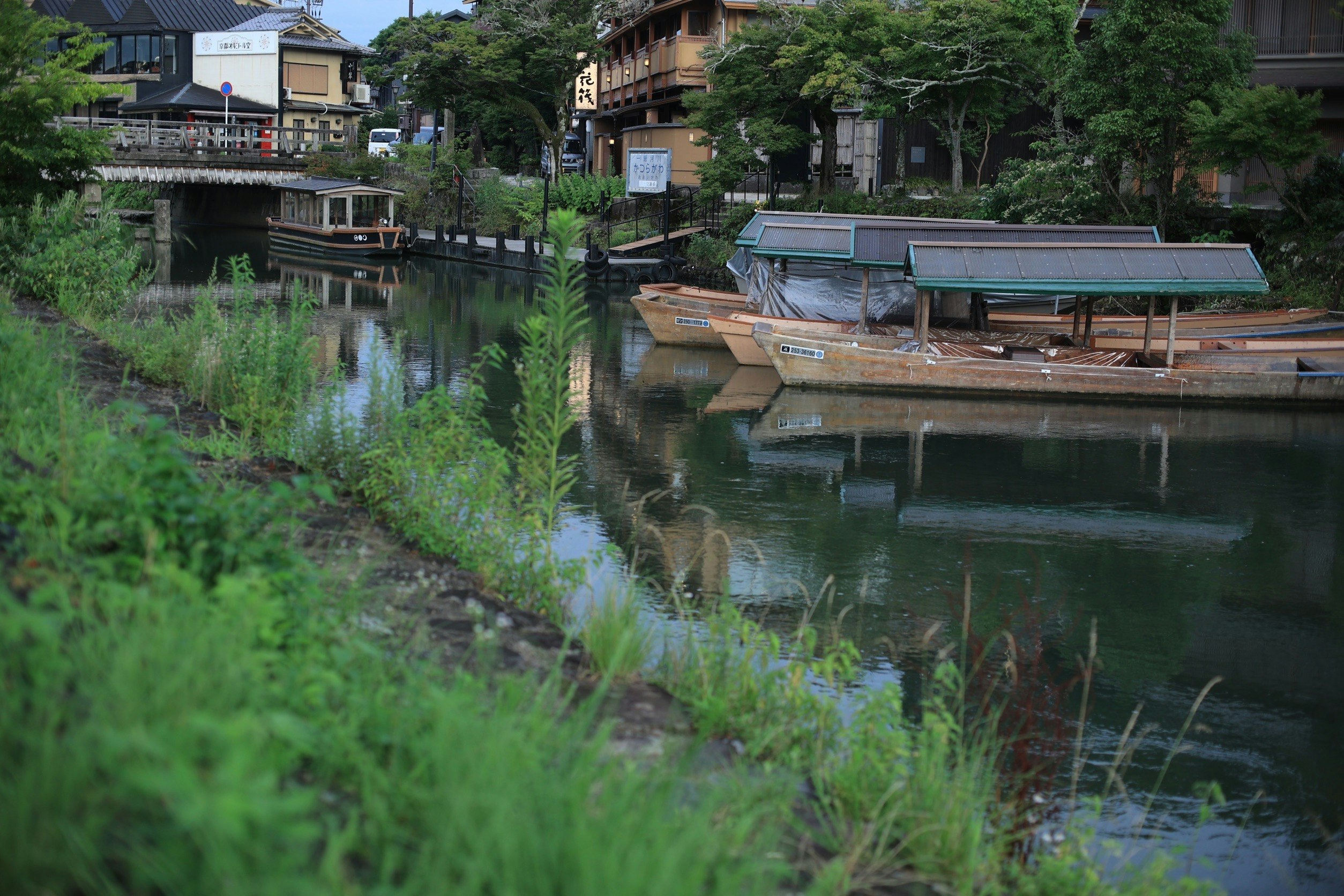 川沿いの水路と木造の建物が並ぶ風景