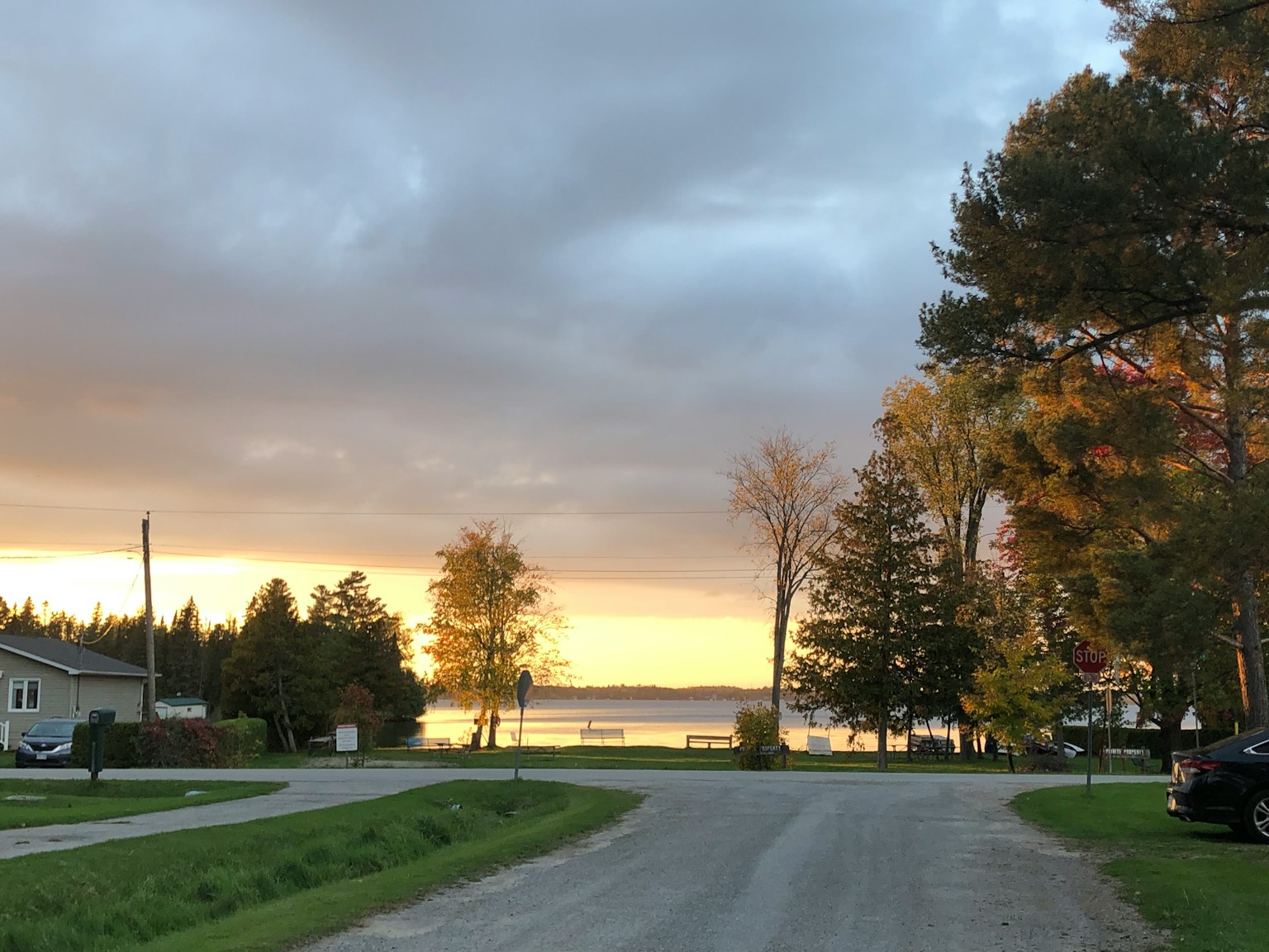 Vista pittoresca sul lago al tramonto con alberi