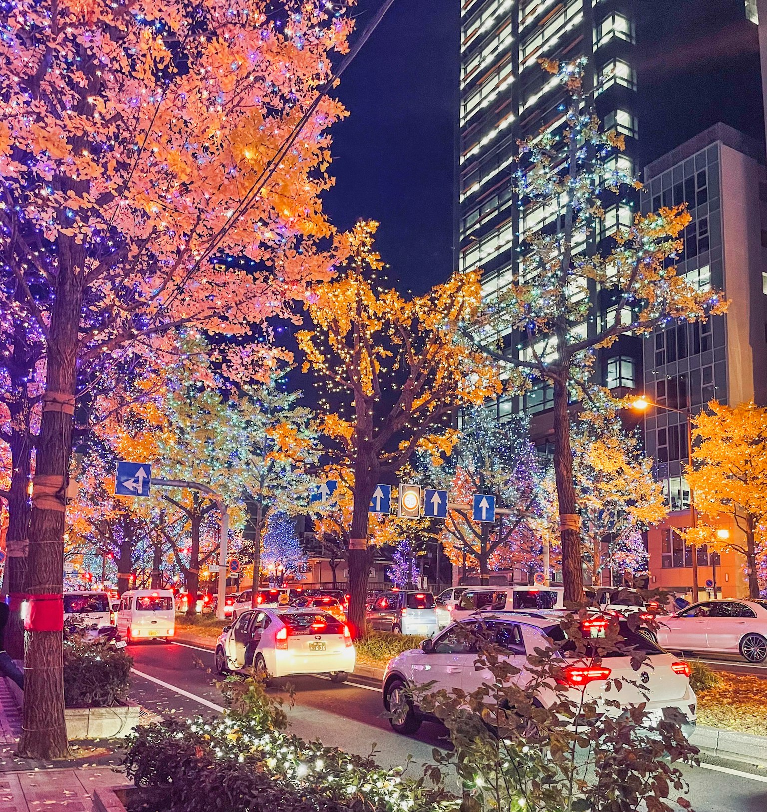 Escena nocturna de la ciudad con árboles amarillos iluminados y edificios