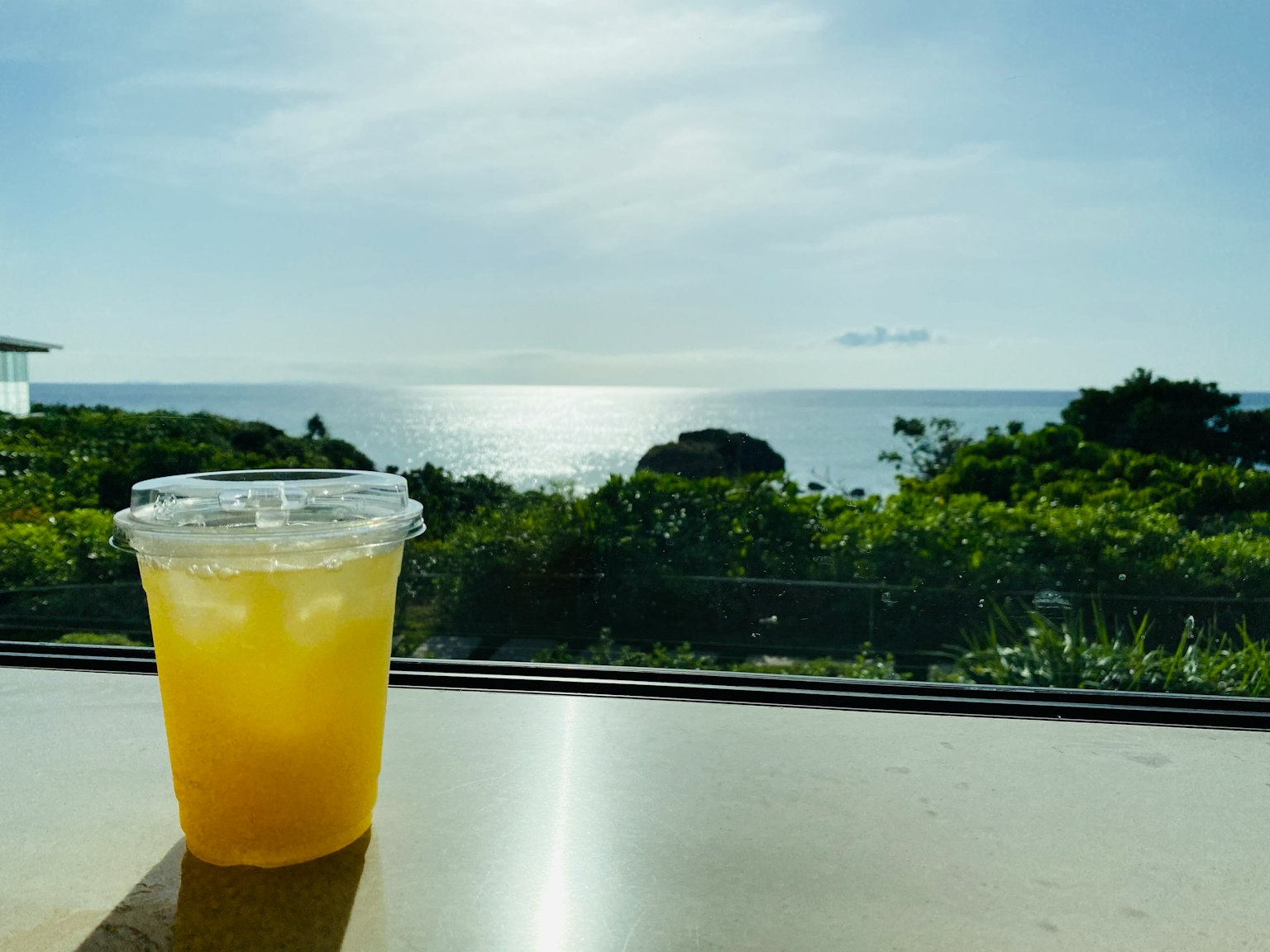 A cup of orange drink with ocean view in the background