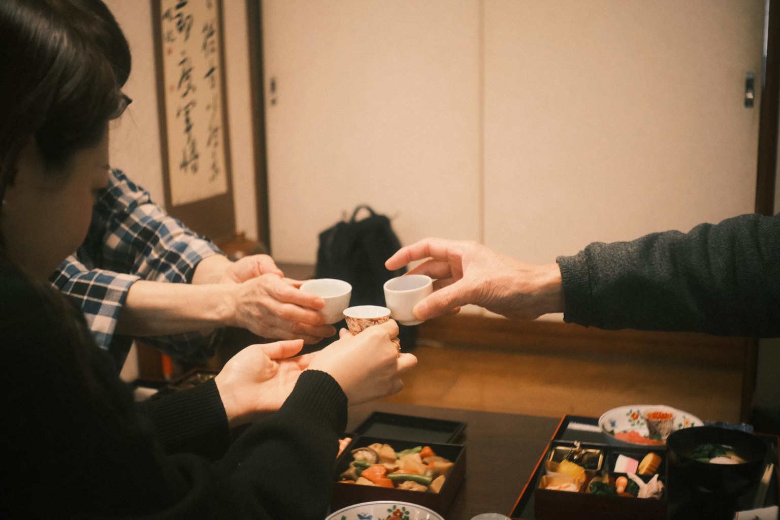 Amigos brindando con copas cocina japonesa tradicional en la mesa