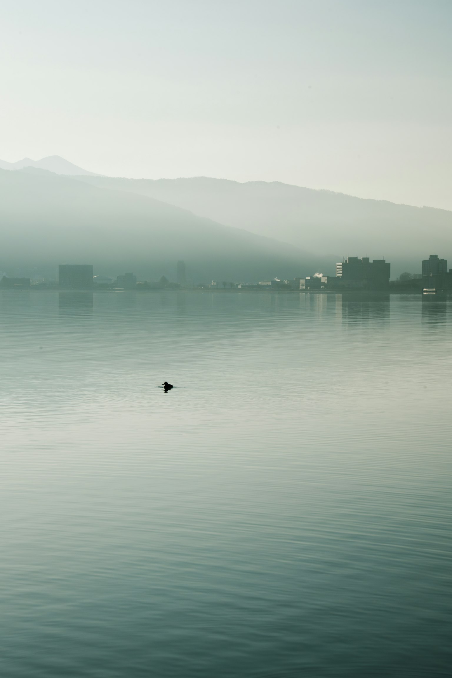 Paysage de lac serein avec des montagnes et des bâtiments au loin