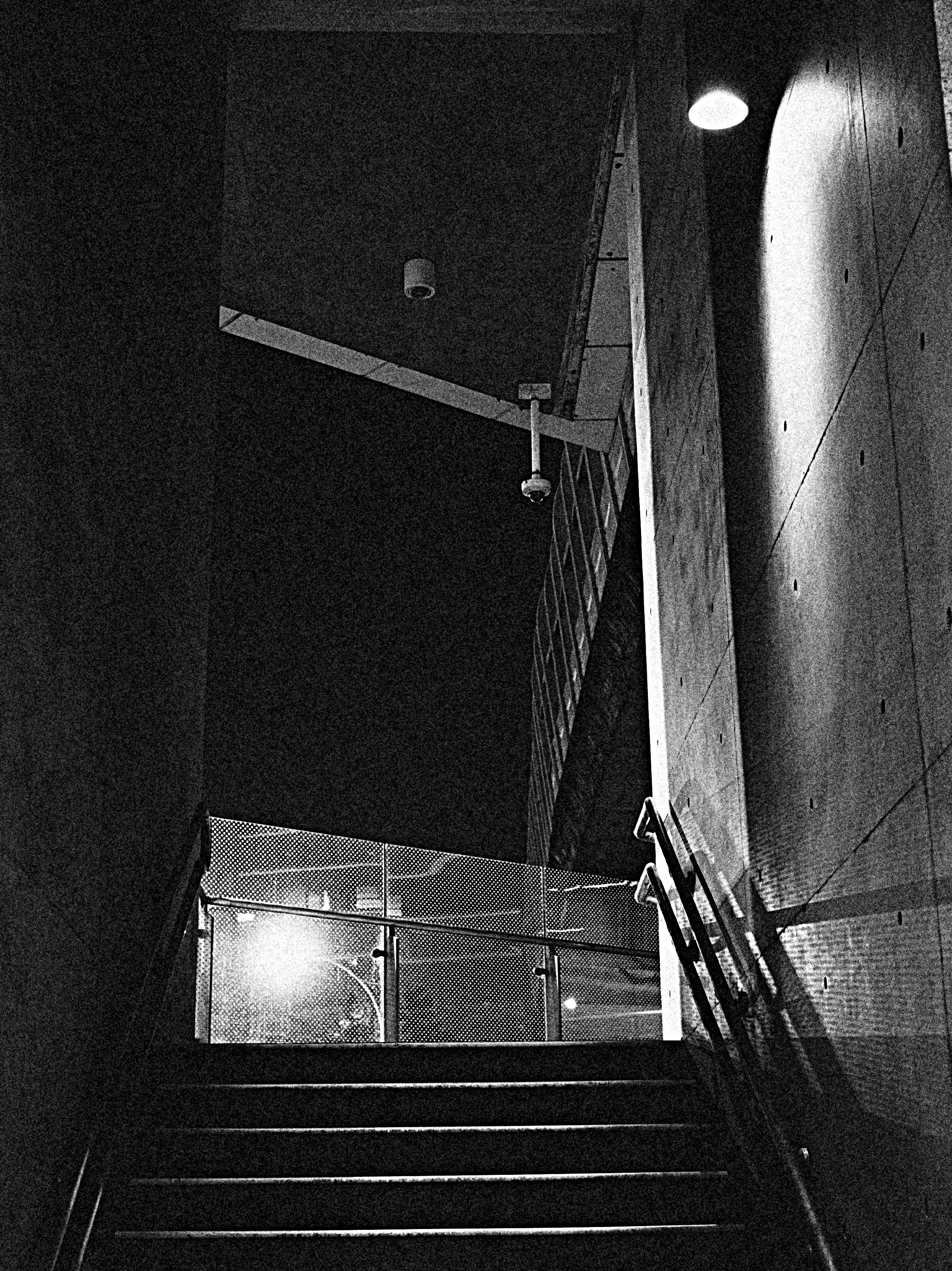 階段のある路地の白黒の夜景