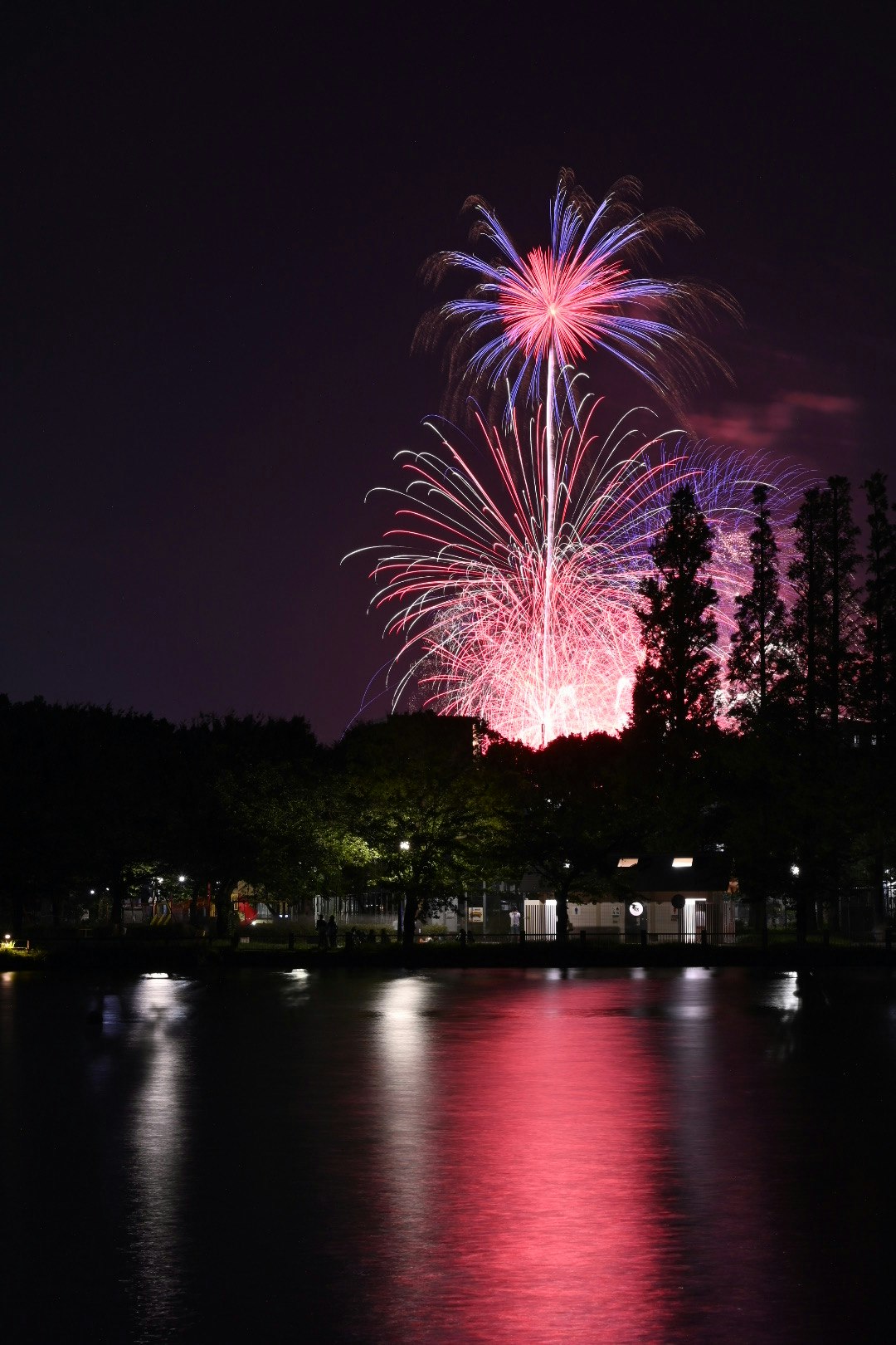 夜の花火が川面に映る花火大会の光景