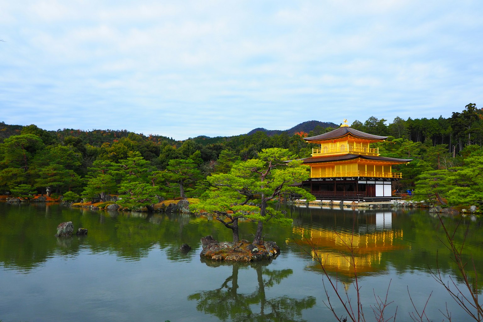 Immagine del Kinkaku-ji che si riflette in uno stagno tranquillo circondato da una vegetazione lussureggiante