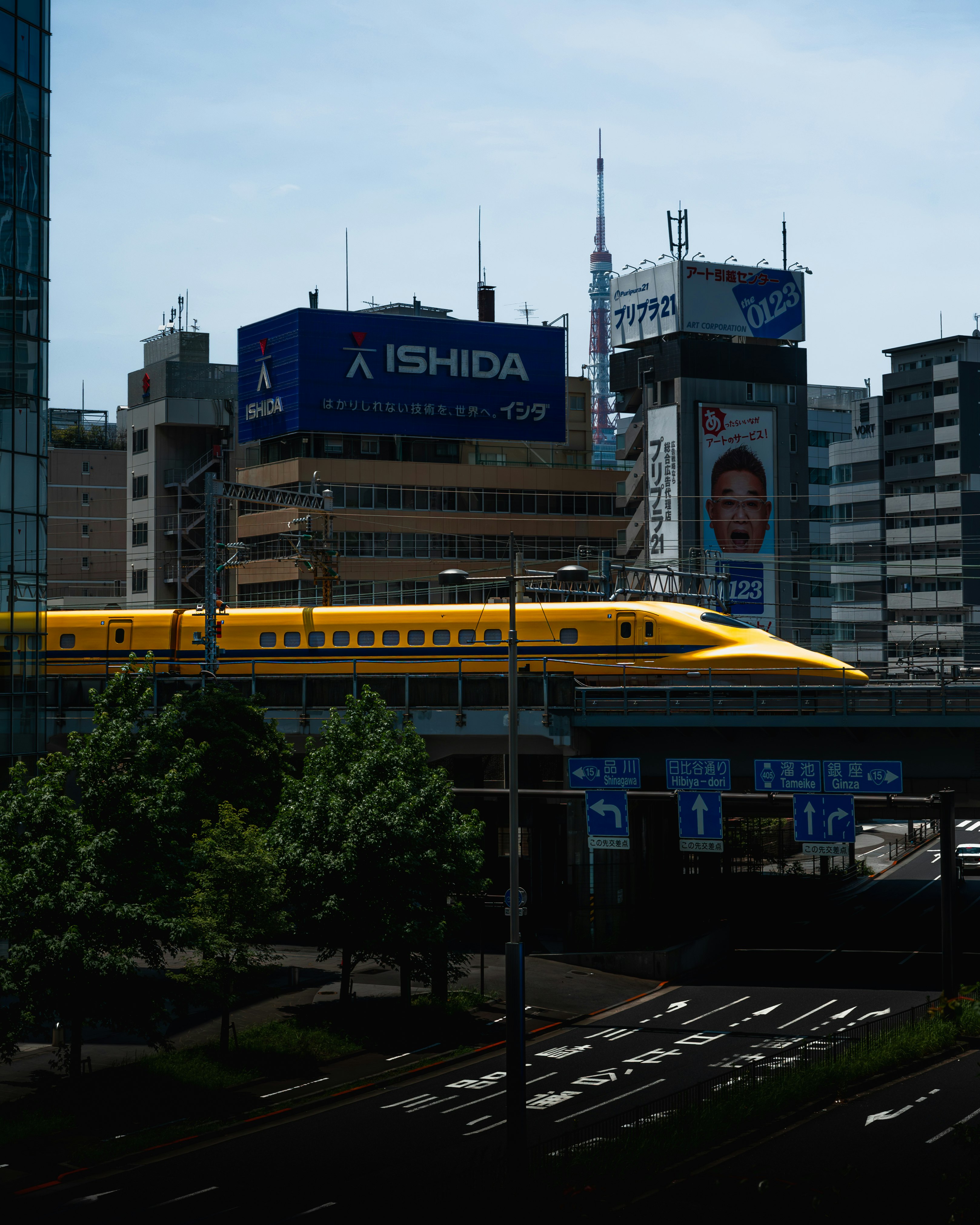 高架を走る黄色い電車と東京スカイツリーの見える街並み