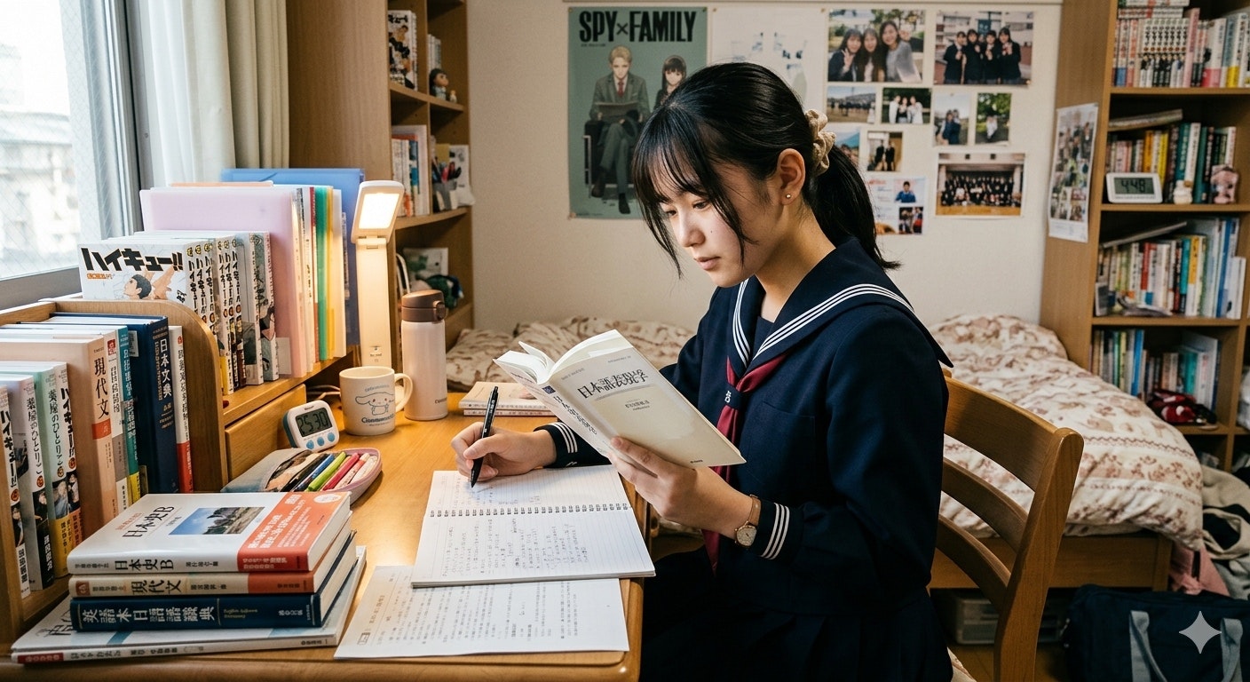 studentessa che studia alla scrivania in una camera