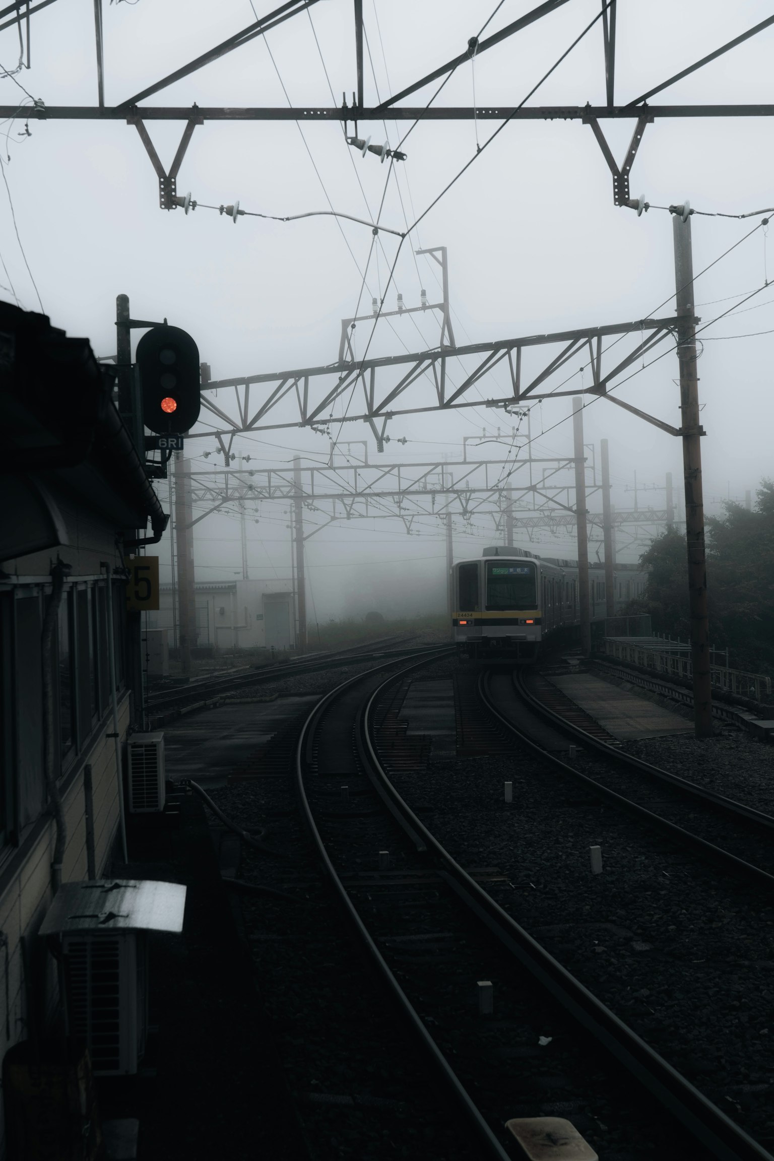 Train naviguant dans le brouillard avec un feu de signalisation visible