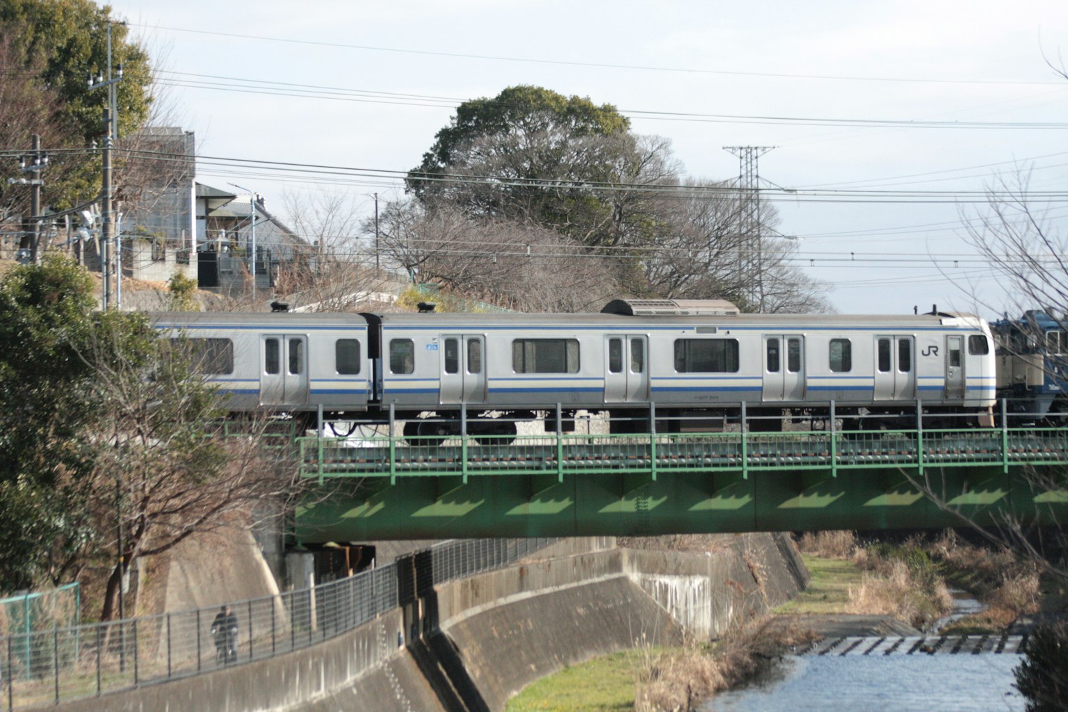 Un treno che passa su un ponte verde con alberi e un fiume nelle vicinanze